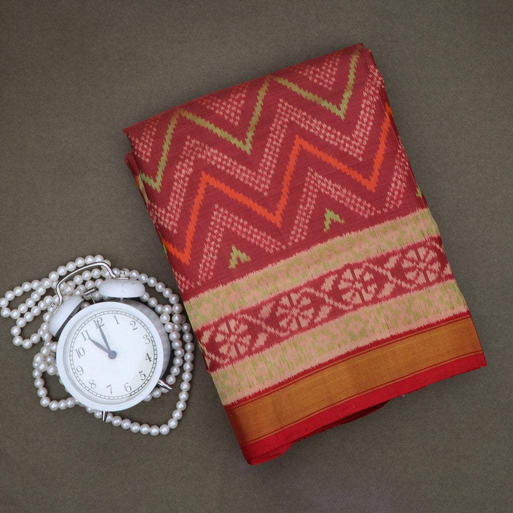 Brick Red Ikat Silk Handloom Saree - Singhania's