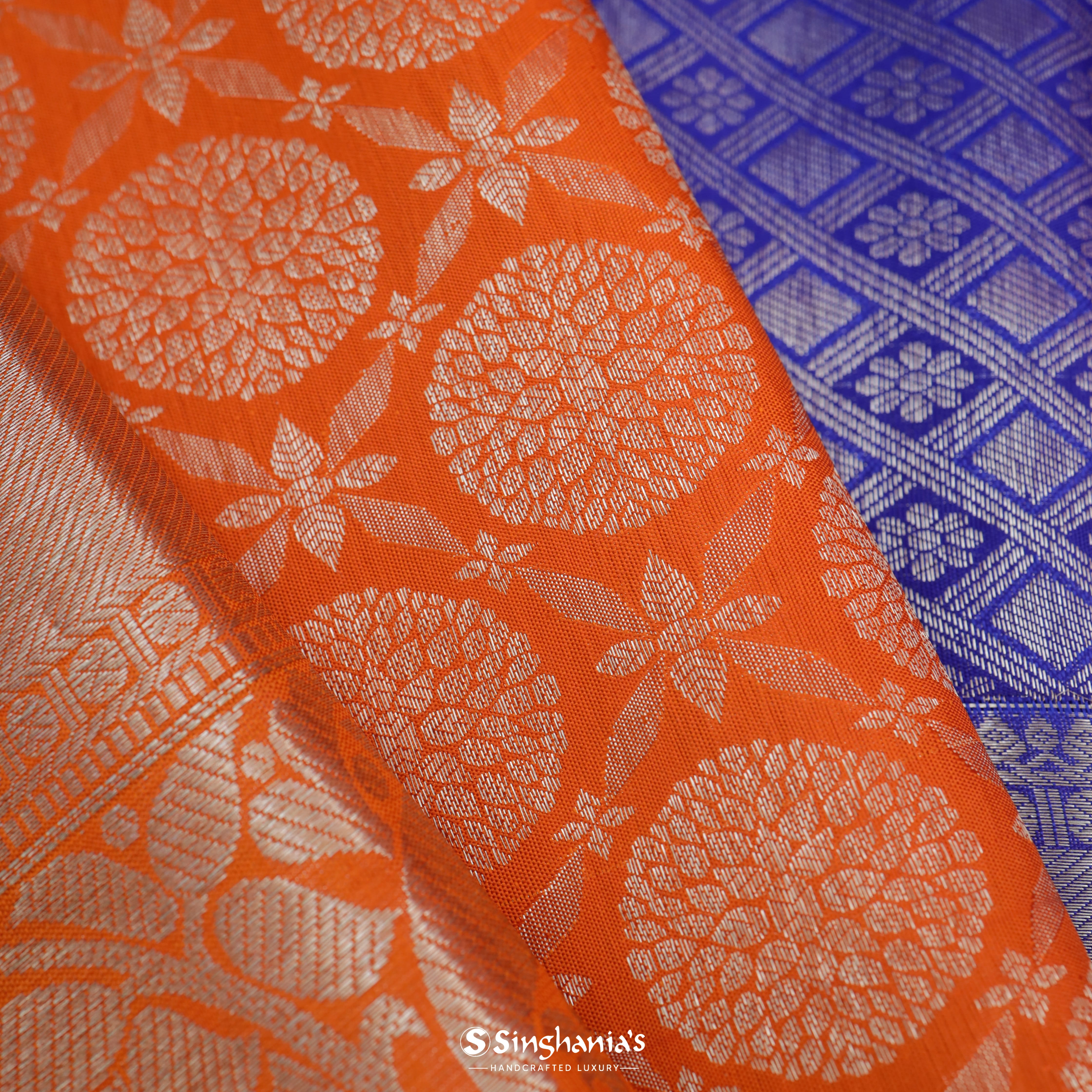 Tiger Orange Silk Kanjivaram Saree With Floral Buttas