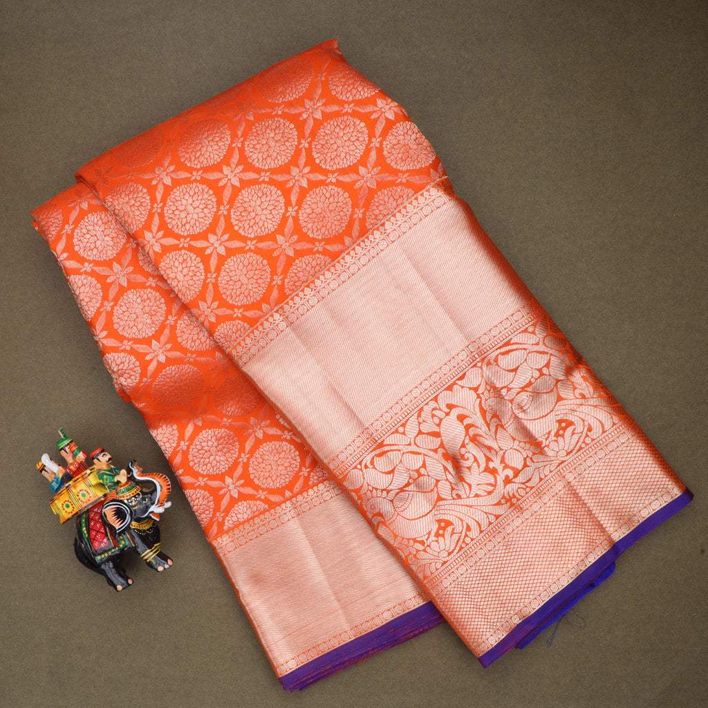 Vibrant Orange Kanjivaram Silk Saree With Floral Buttas - Singhania's