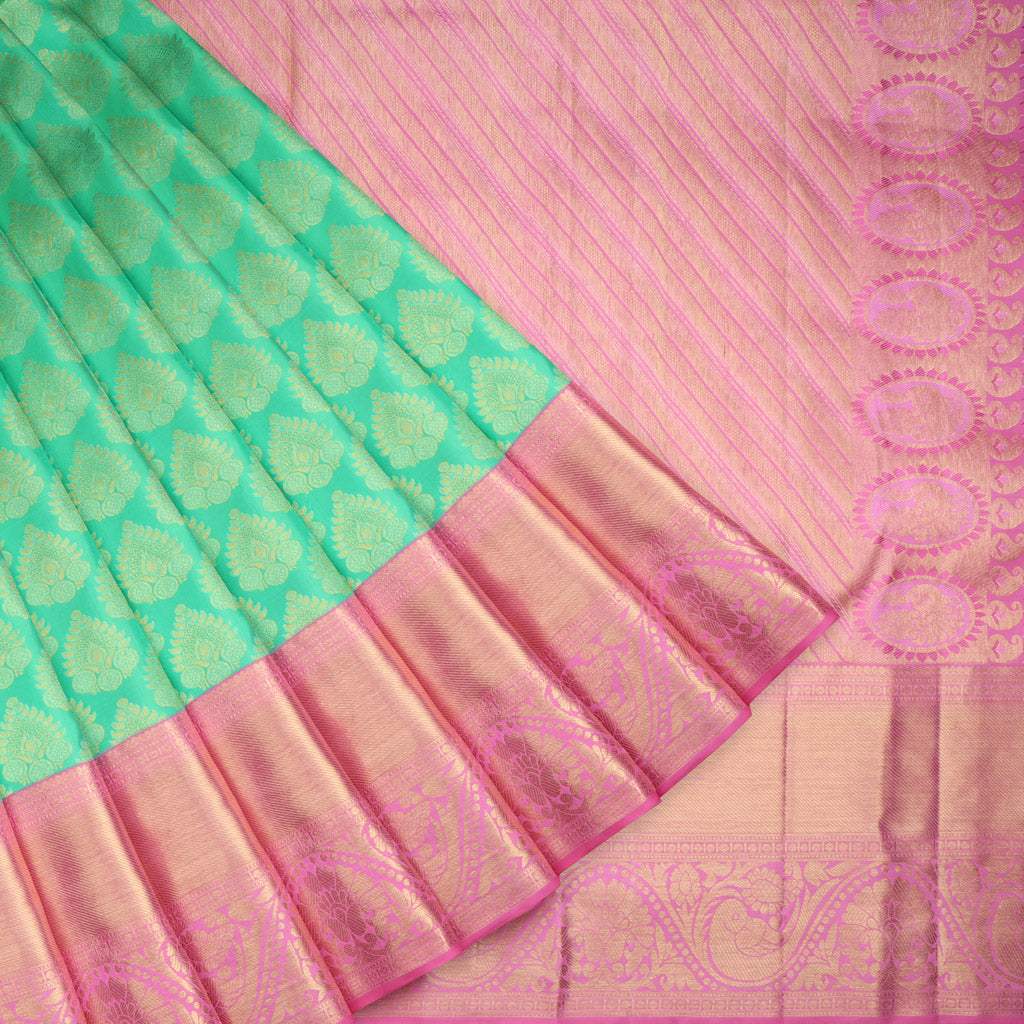 Vibrant Seafoam Green Kanjivaram Silk Saree With Floral Buttas - Singhania's