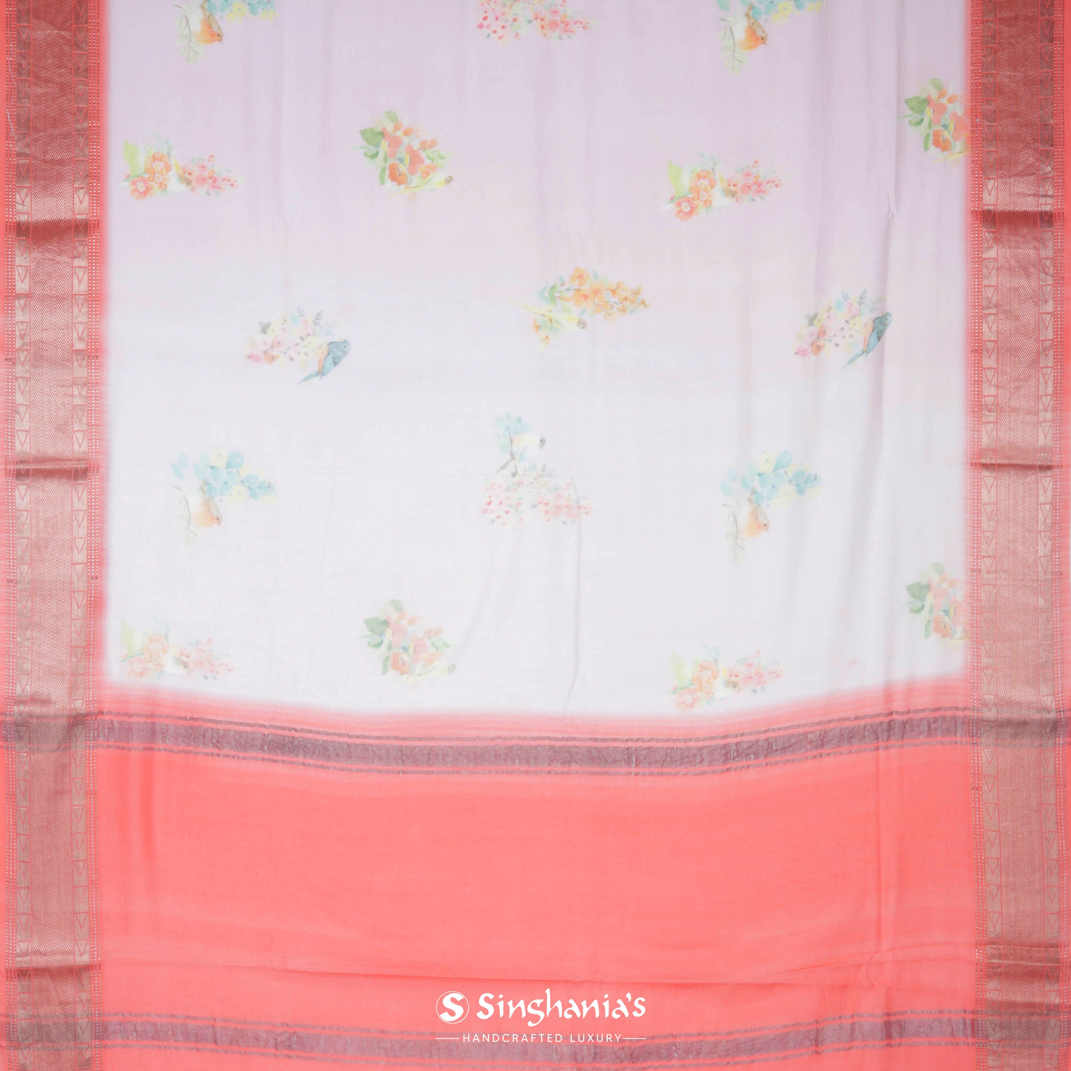 Pastel Peach Cotton Eri Printed Saree With Nature Inspired Birds Motifs