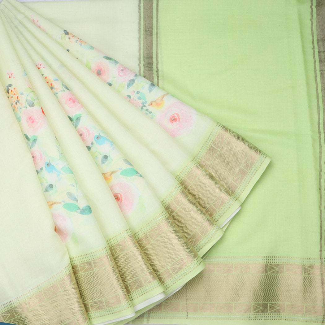 Pastel Green Printed Cotton Saree - Singhania's