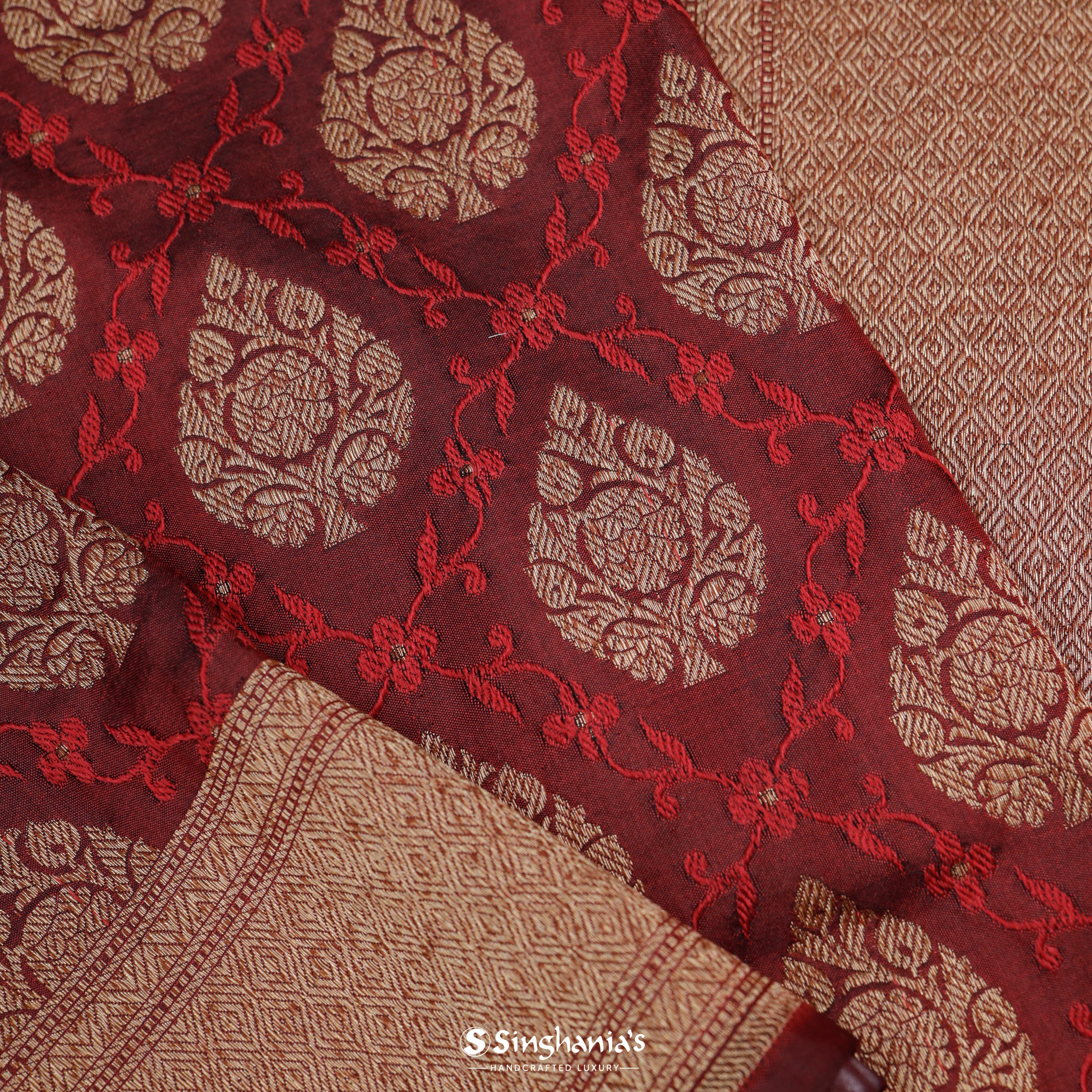 Dark Maroon Silk Banarasi Handloom Silk Saree With Floral Jaal Pattern