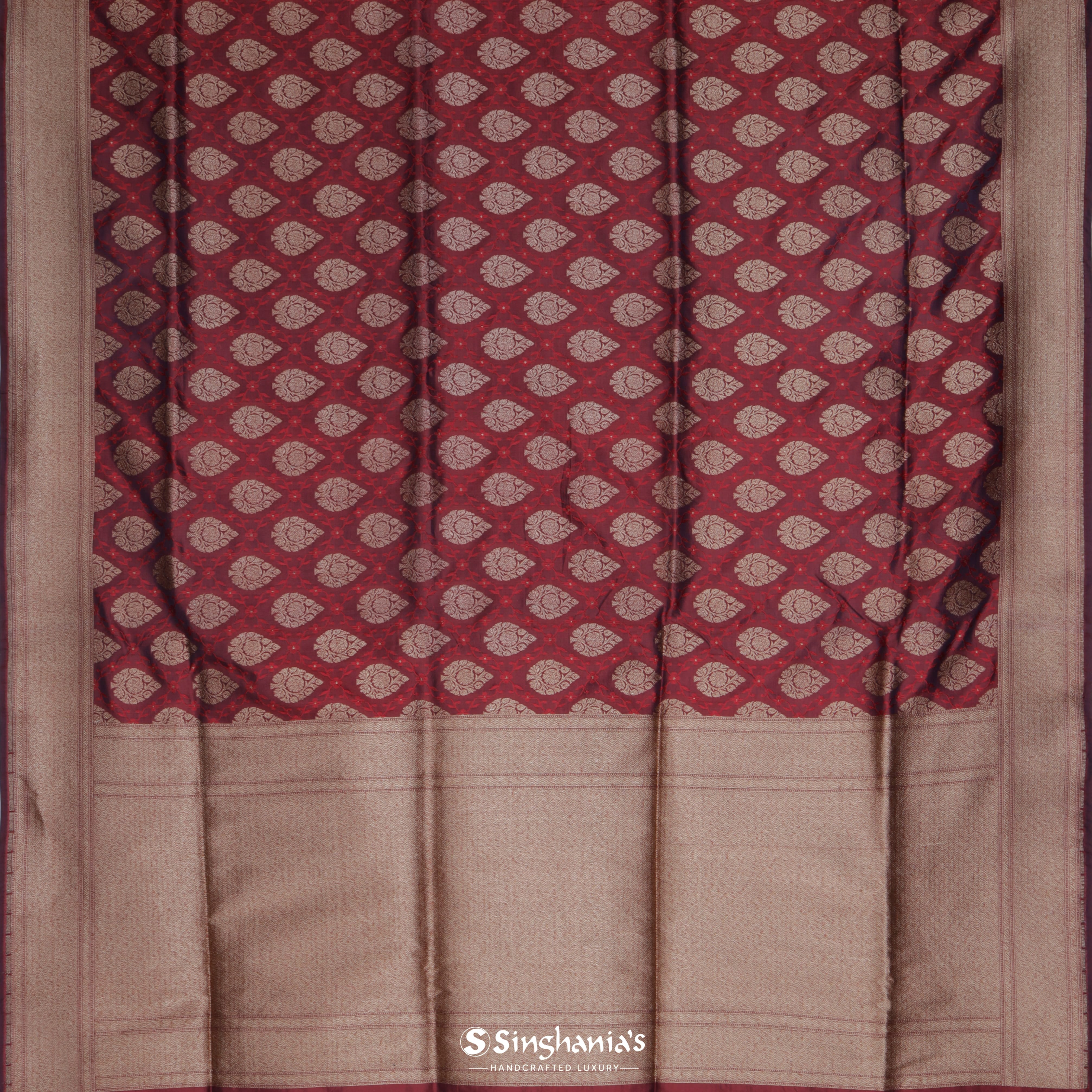 Dark Maroon Silk Banarasi Handloom Silk Saree With Floral Jaal Pattern