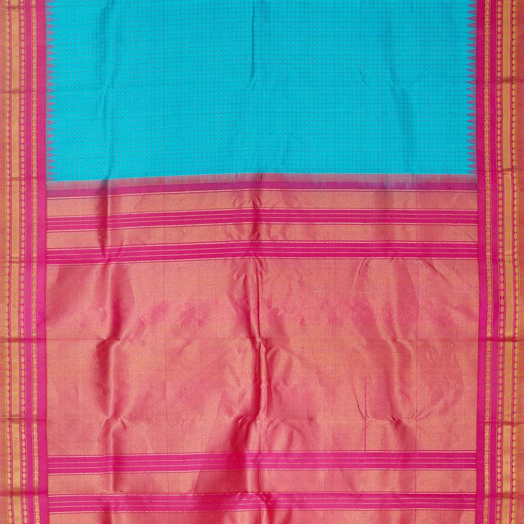 Sky Blue Gadwal Silk Handloom Saree With Checks Pattern - Singhania's