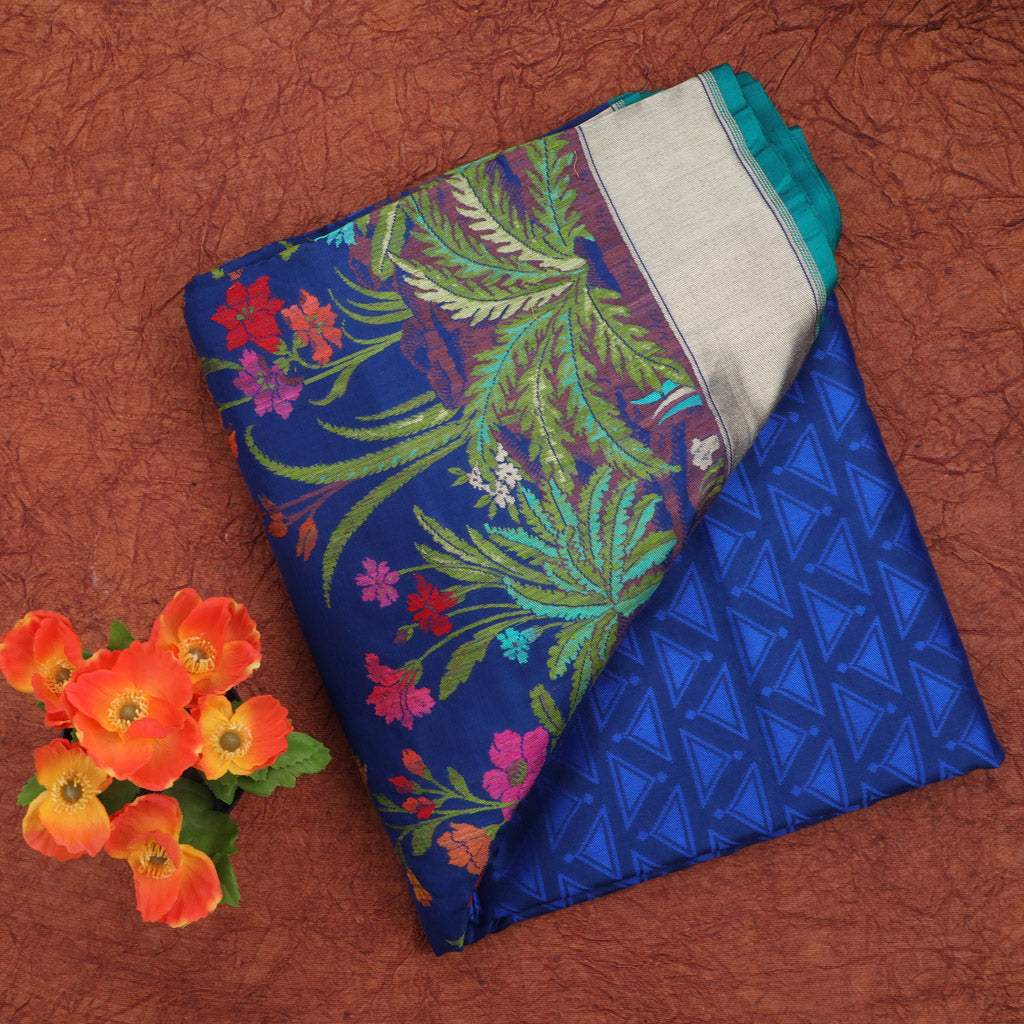 Blue Banarasi Silk Handloom Saree With Floral Motifs - Singhania's