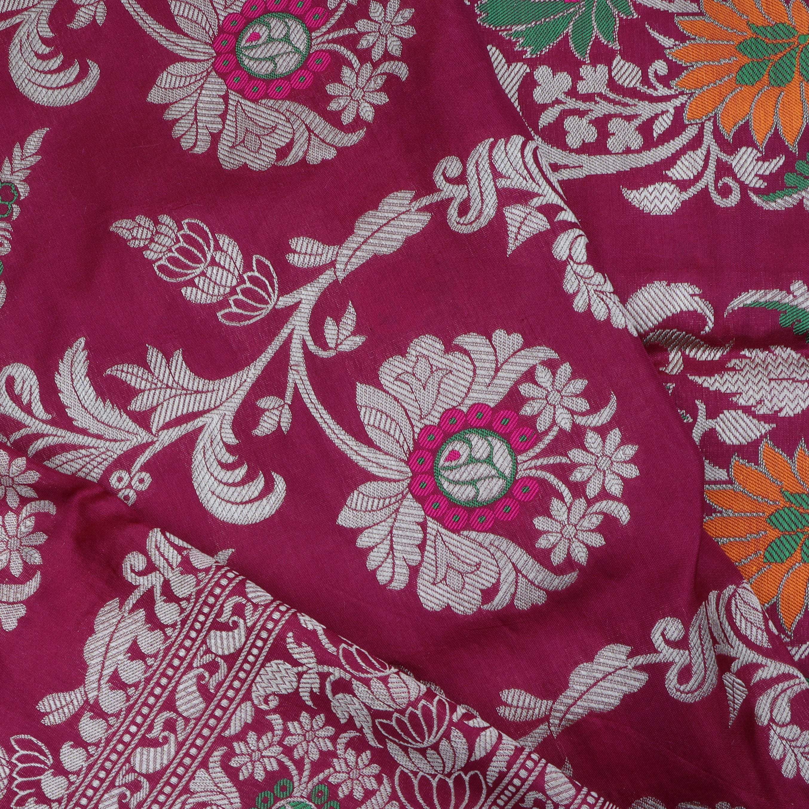 Dark Magenta Pink Banarasi Silk Handloom Saree With Floral Pattern - Singhania's