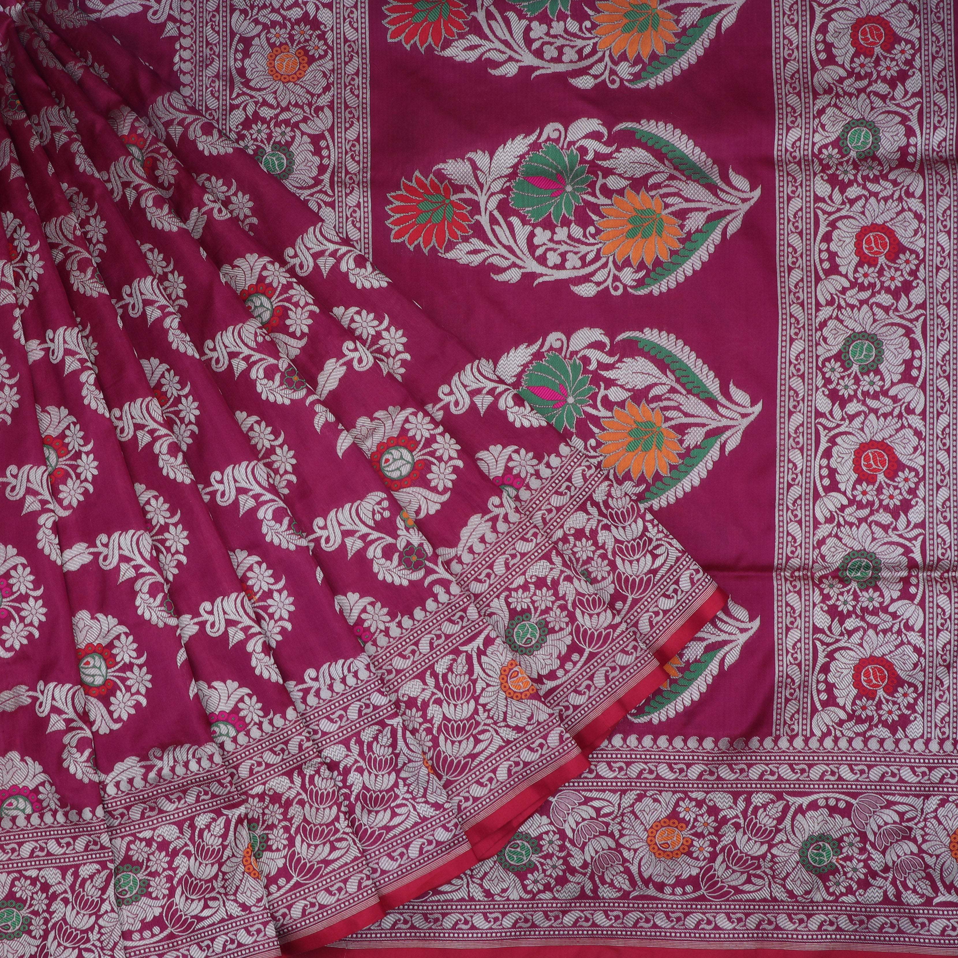 Dark Magenta Pink Banarasi Silk Handloom Saree With Floral Pattern - Singhania's