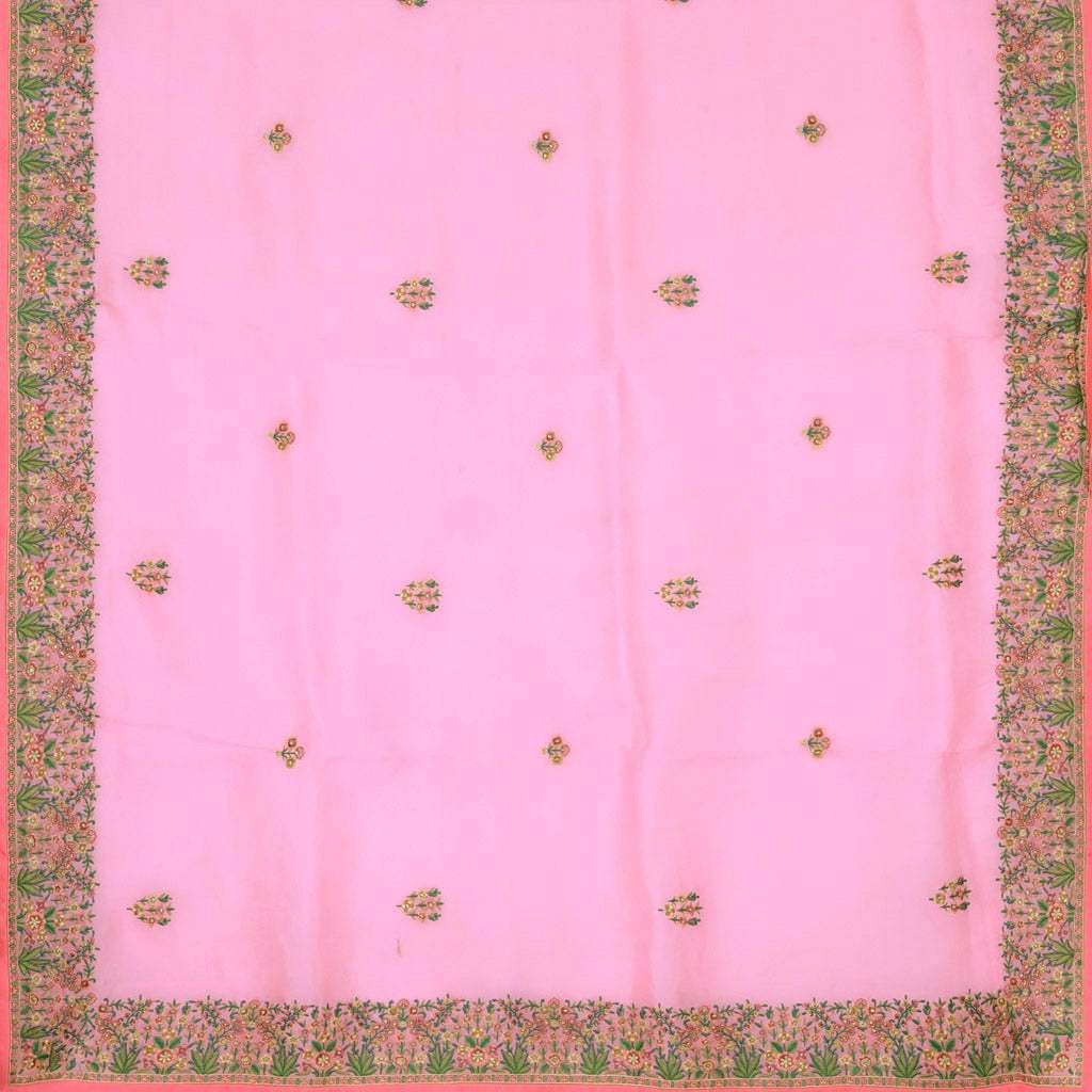 Pastel Pink Floral Embroidery Organza Saree - Singhania's