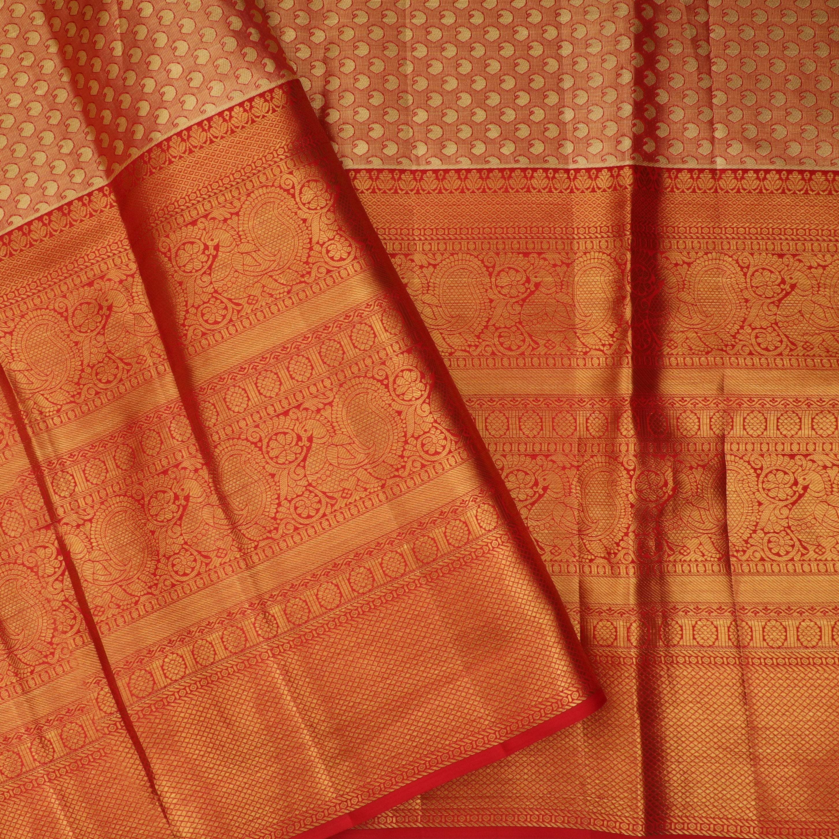 Pastel Gold Kanjivaram Silk Saree With Floral Motifs - Singhania's