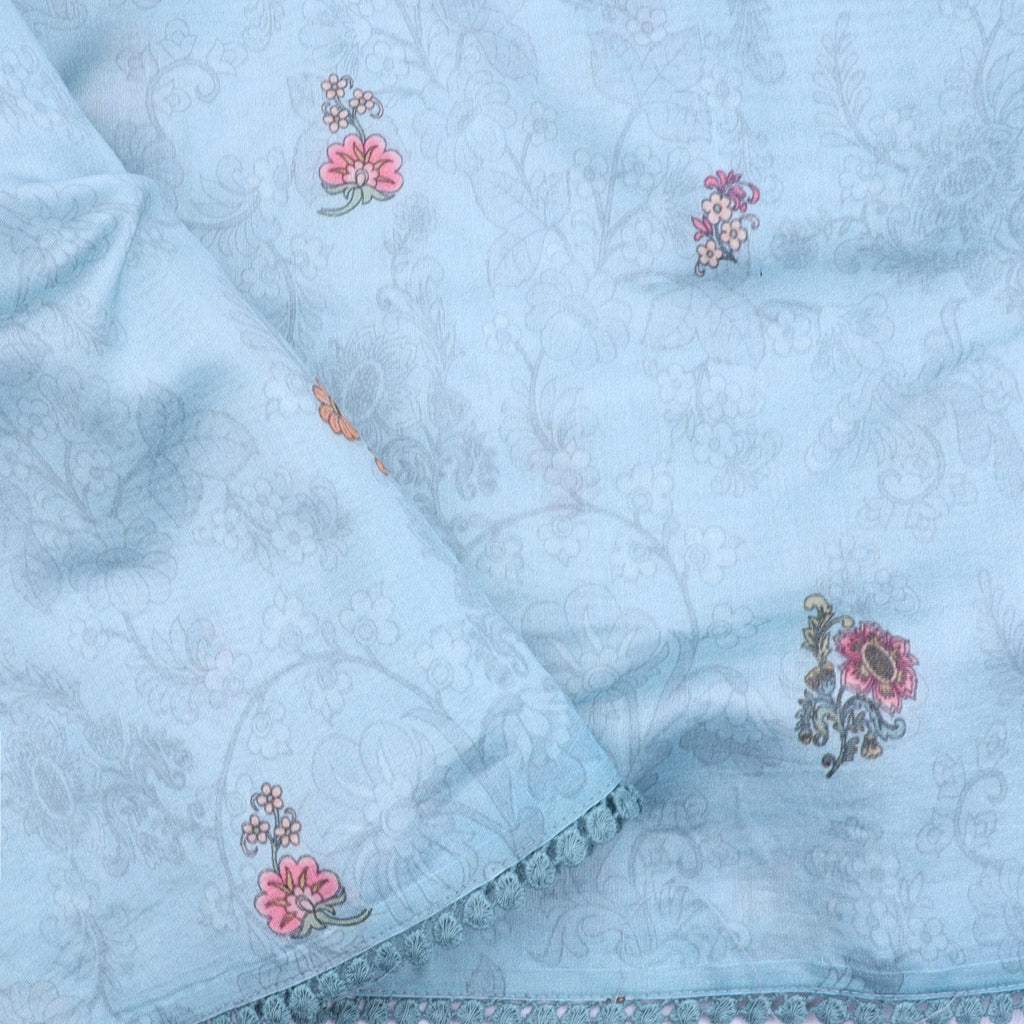 Pastel Blue Embroidery Organza Saree With Floral Print - Singhania's