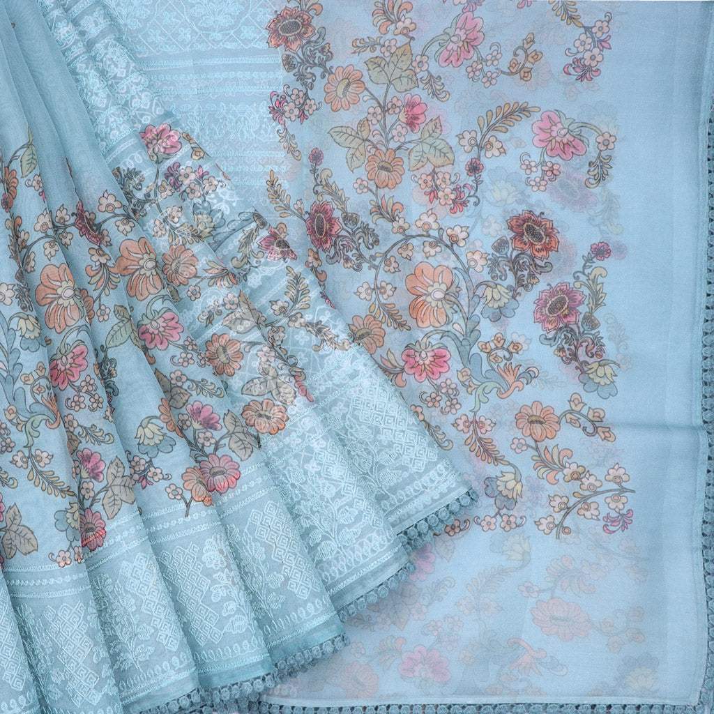 Pastel Blue Embroidery Organza Saree With Floral Print - Singhania's