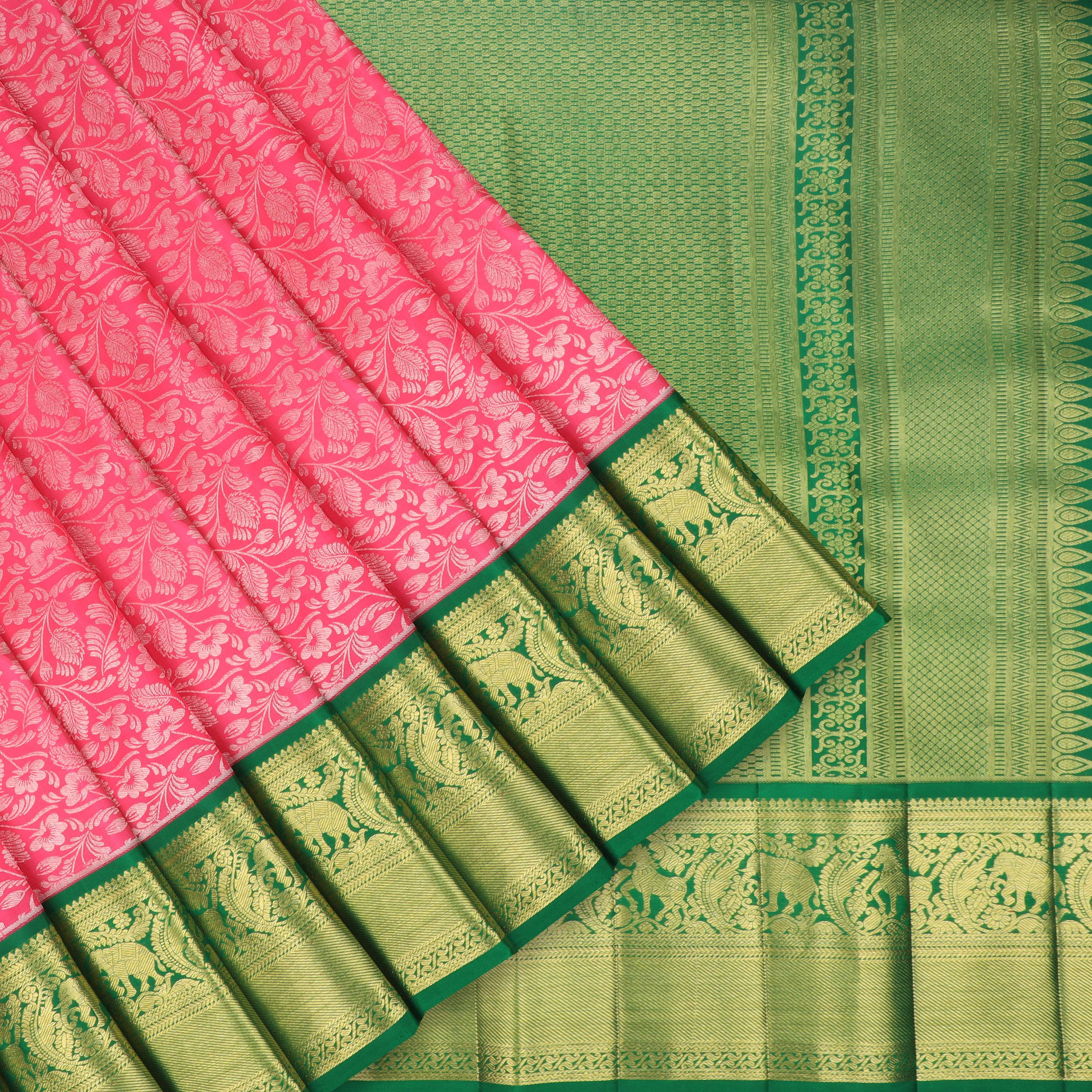 Pastel Red Kanjivaram Silk Saree With Intricately Woven Floral Pattern - Singhania's