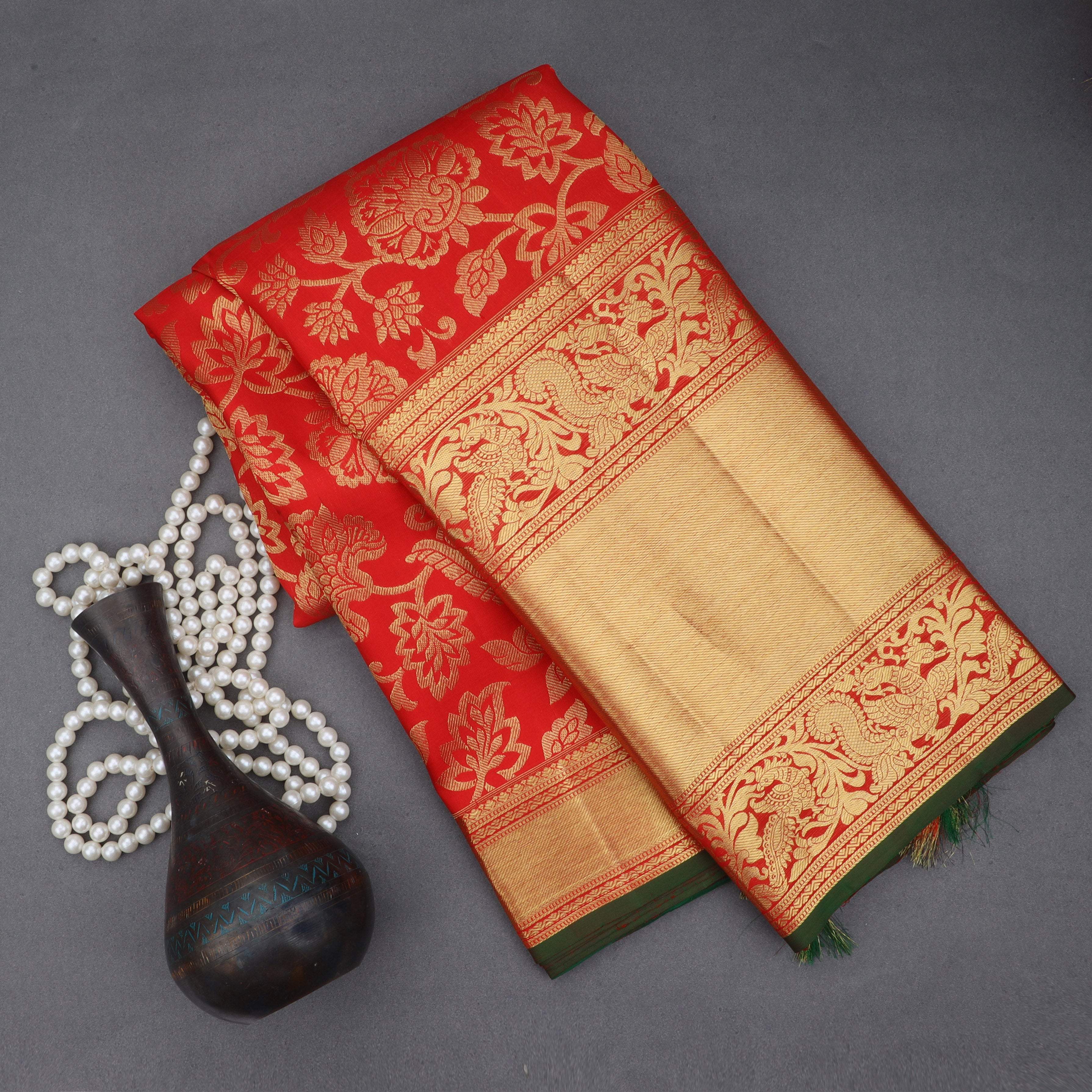 Vibrant Red Kanjivaram Silk Saree With Floral Pattern - Singhania's