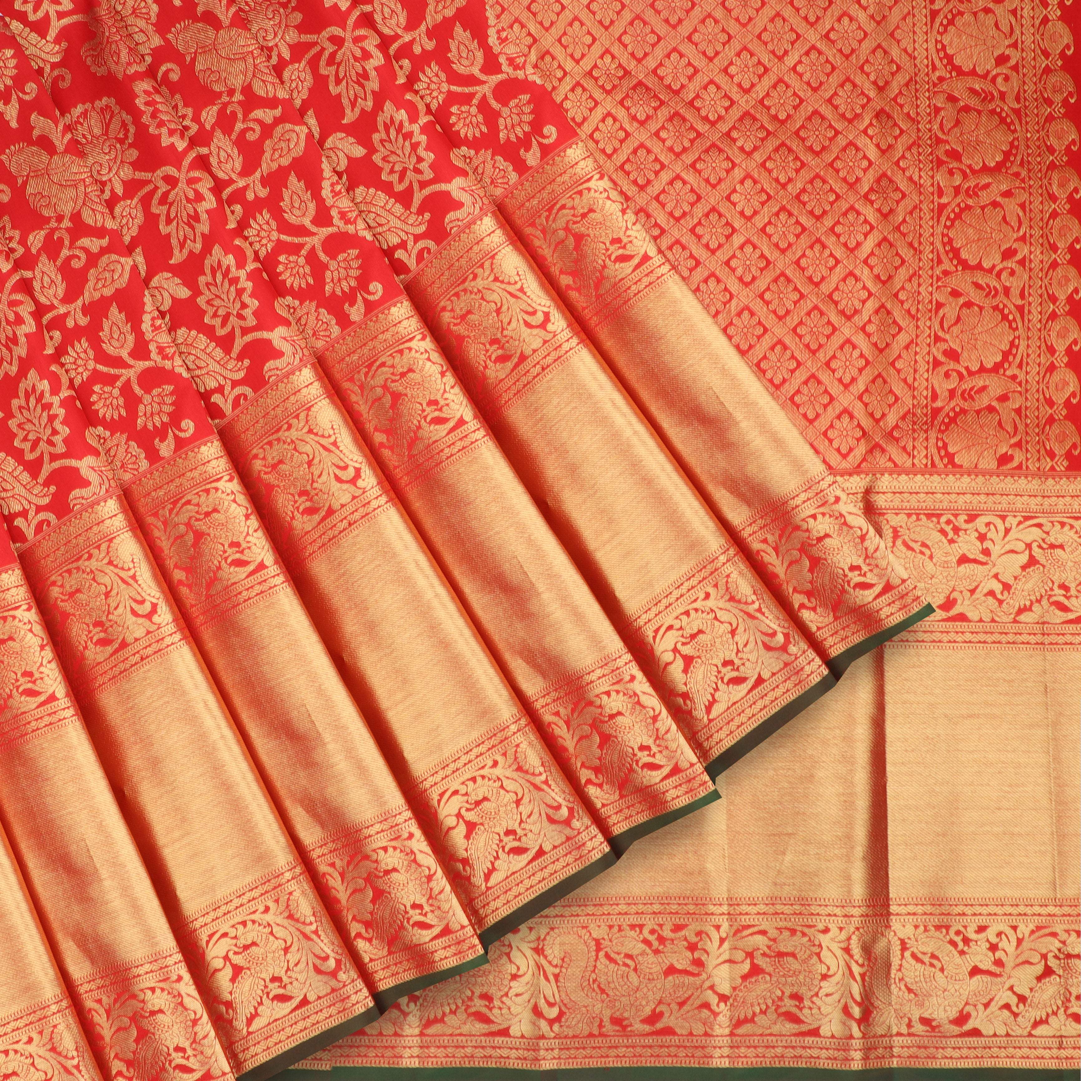 Vibrant Red Kanjivaram Silk Saree With Floral Pattern - Singhania's