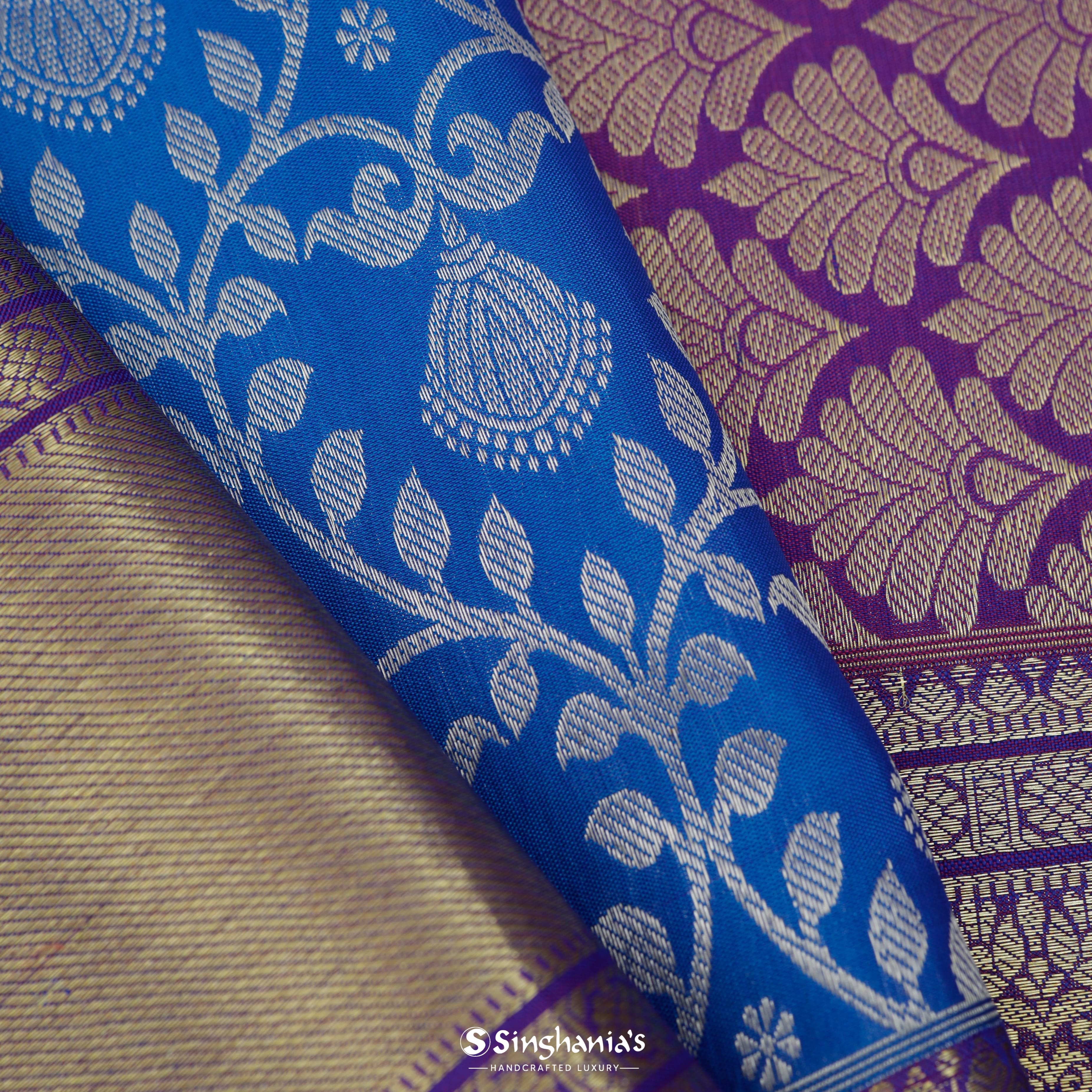 Byzantine Blue Silk Kanjivaram Saree With Floral Jaal Design