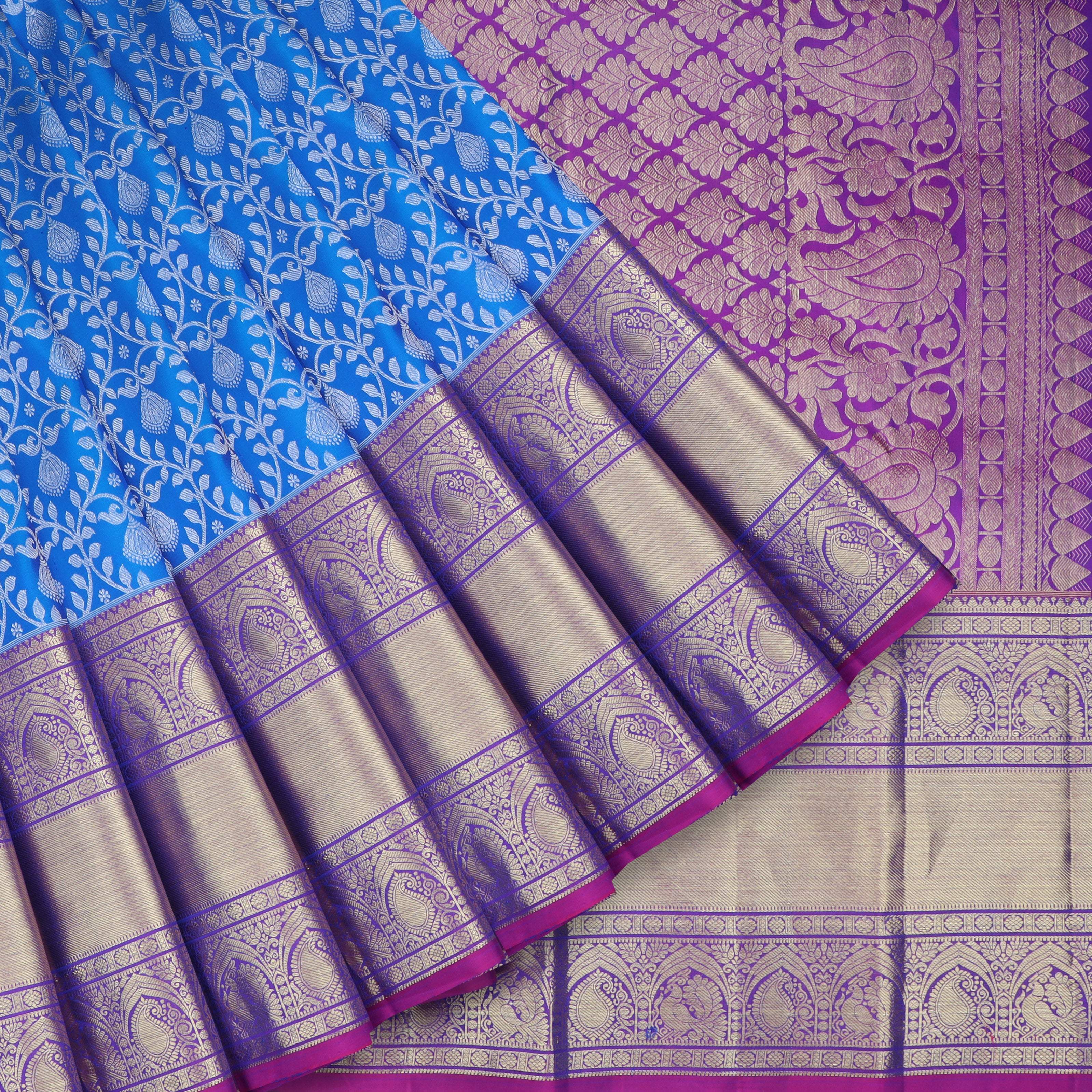 Azure Blue Kanjivaram Silk Saree With Floral Pattern - Singhania's
