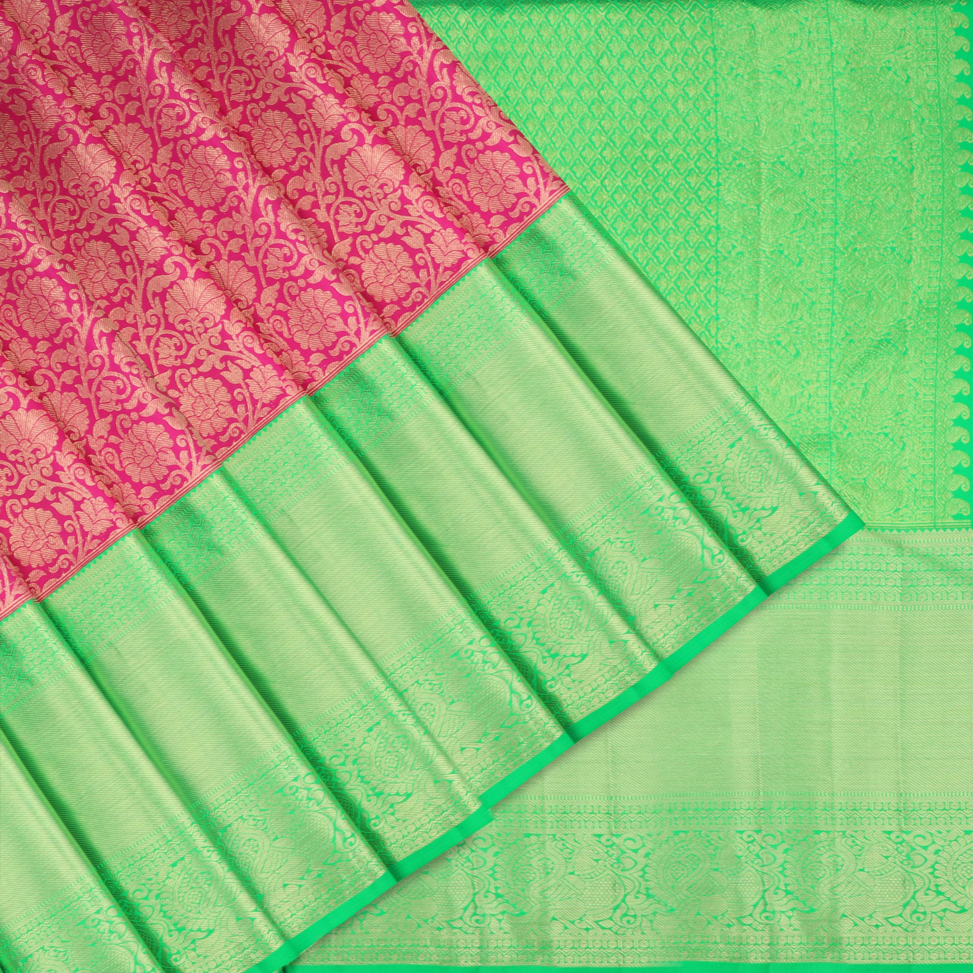 Vibrant Pink Kanjivaram Silk Saree With Floral Pattern - Singhania's