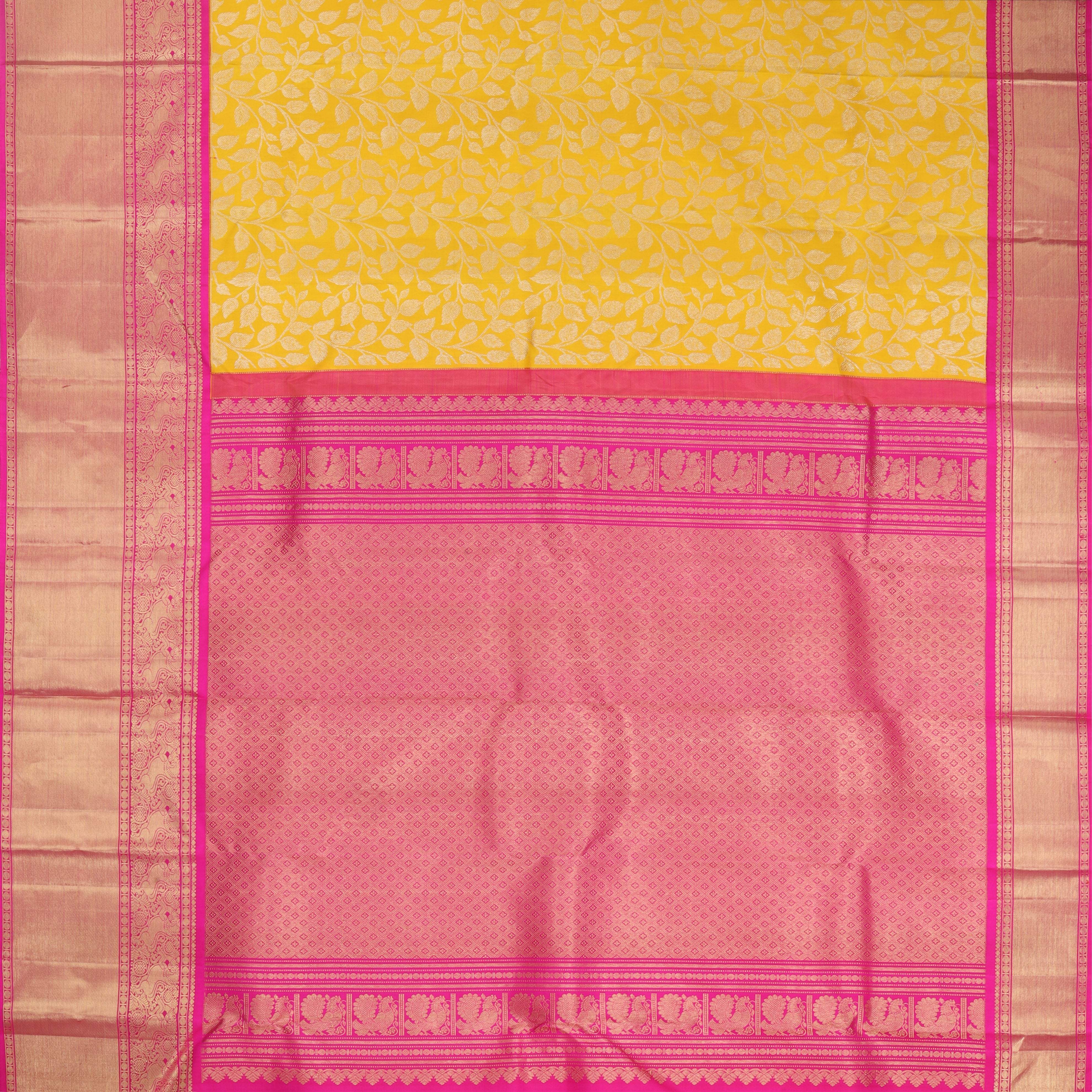 Lemon Yellow Kanjivaram Silk Saree With Leaf Pattern - Singhania's