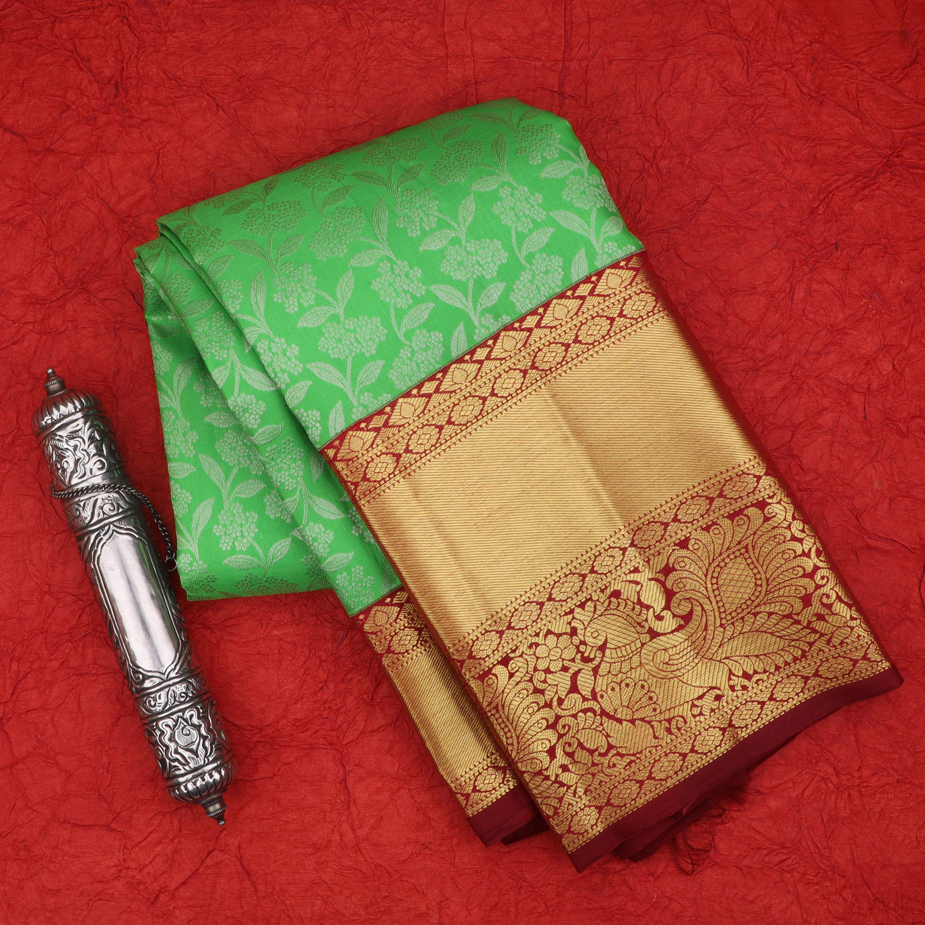 Bright Green Kanjivaram Silk Saree With Floral Pattern - Singhania's