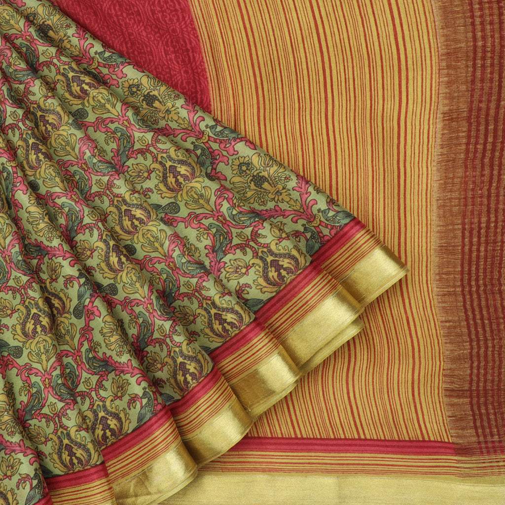 Light Green Floral Printed Silk Saree - Singhania's