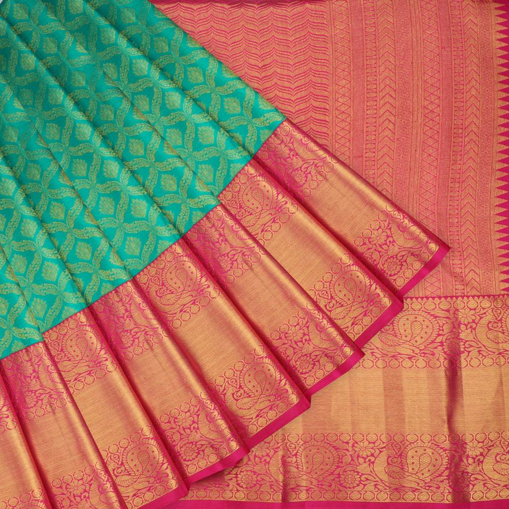 Turquoise Blue Kanjivaram Silk Saree With Floral Pattern - Singhania's