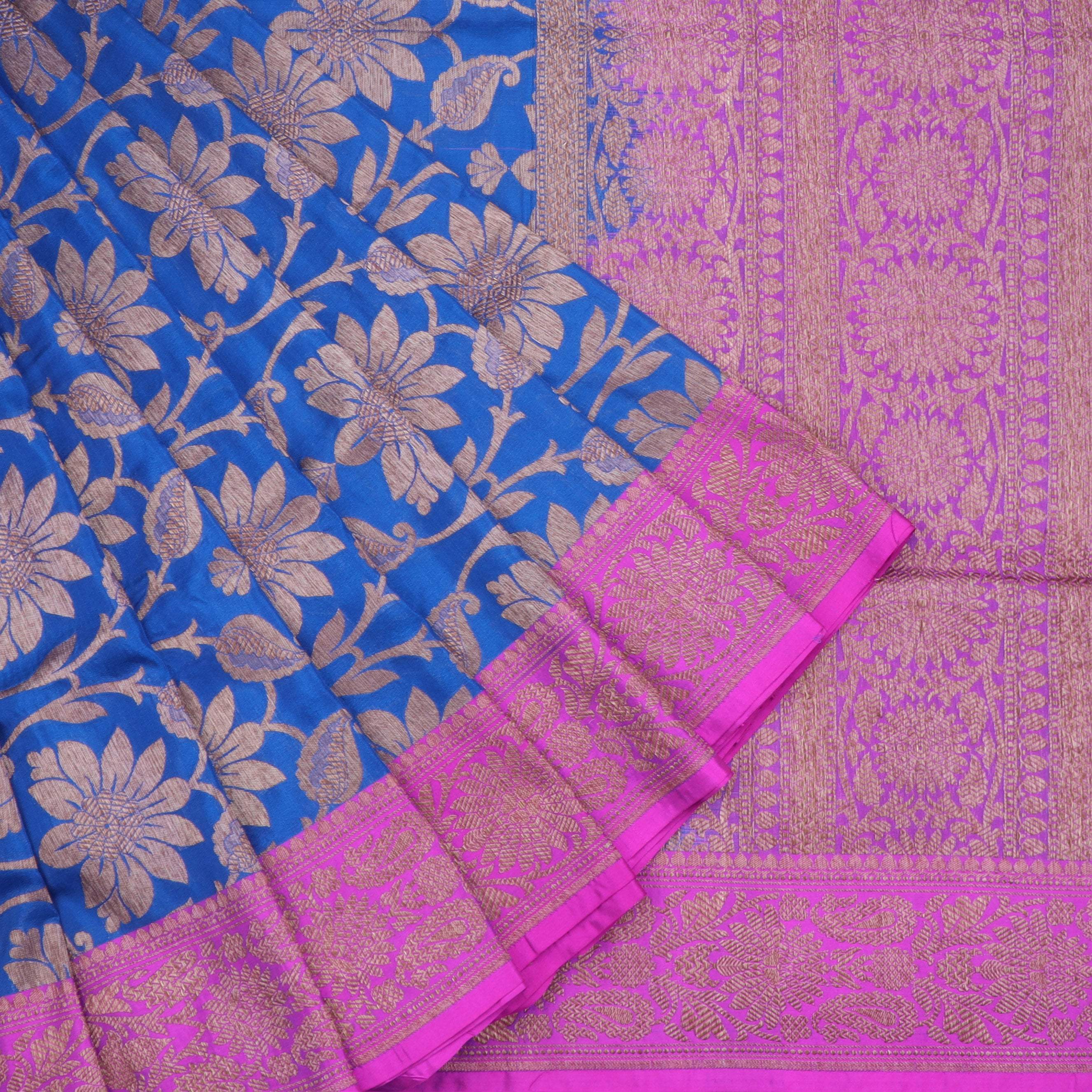 Cobalt Blue Banarasi Silk Saree With Floral Jaal Pattern - Singhania's