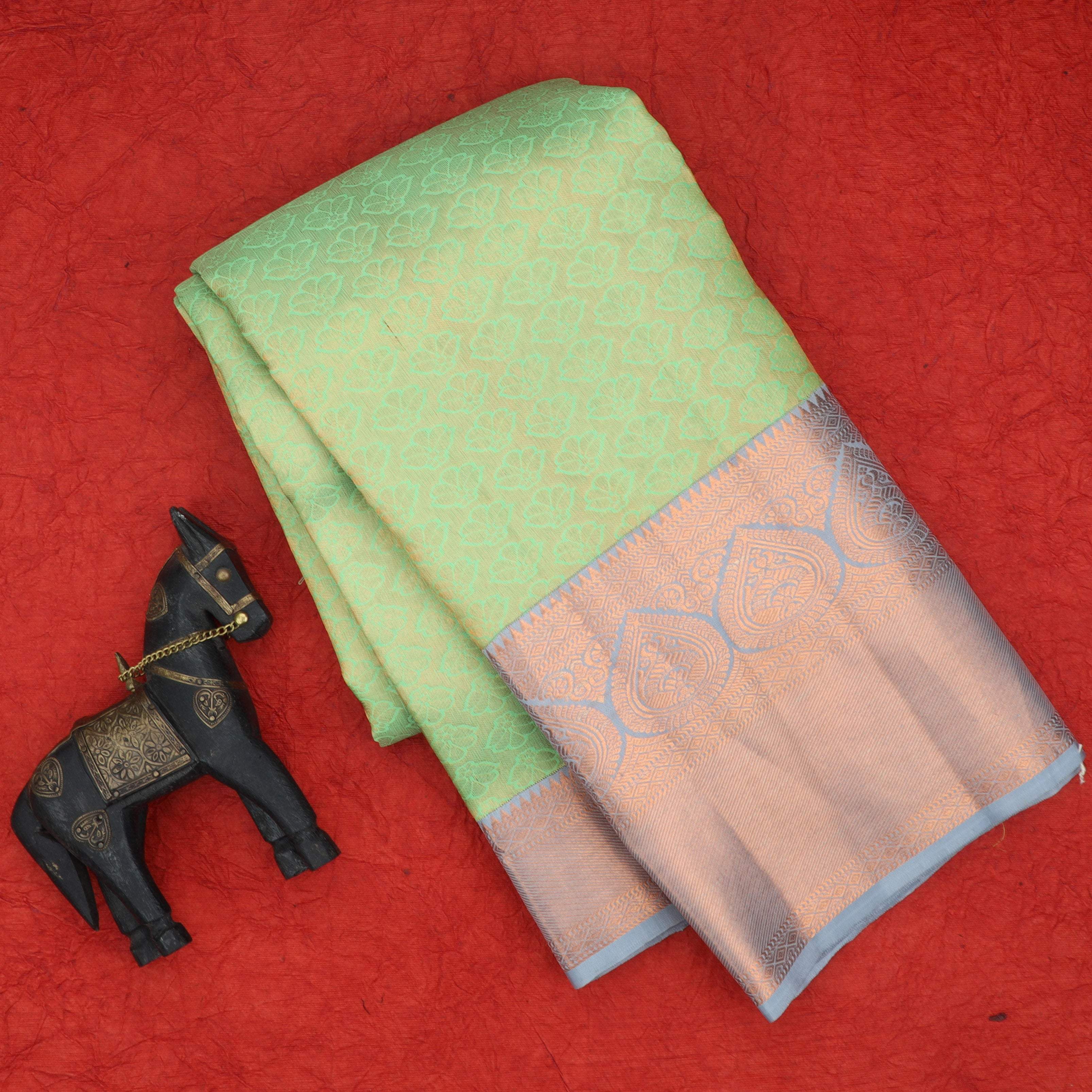 Mint Green Kanjivaram Silk Saree With Floral Buttas - Singhania's