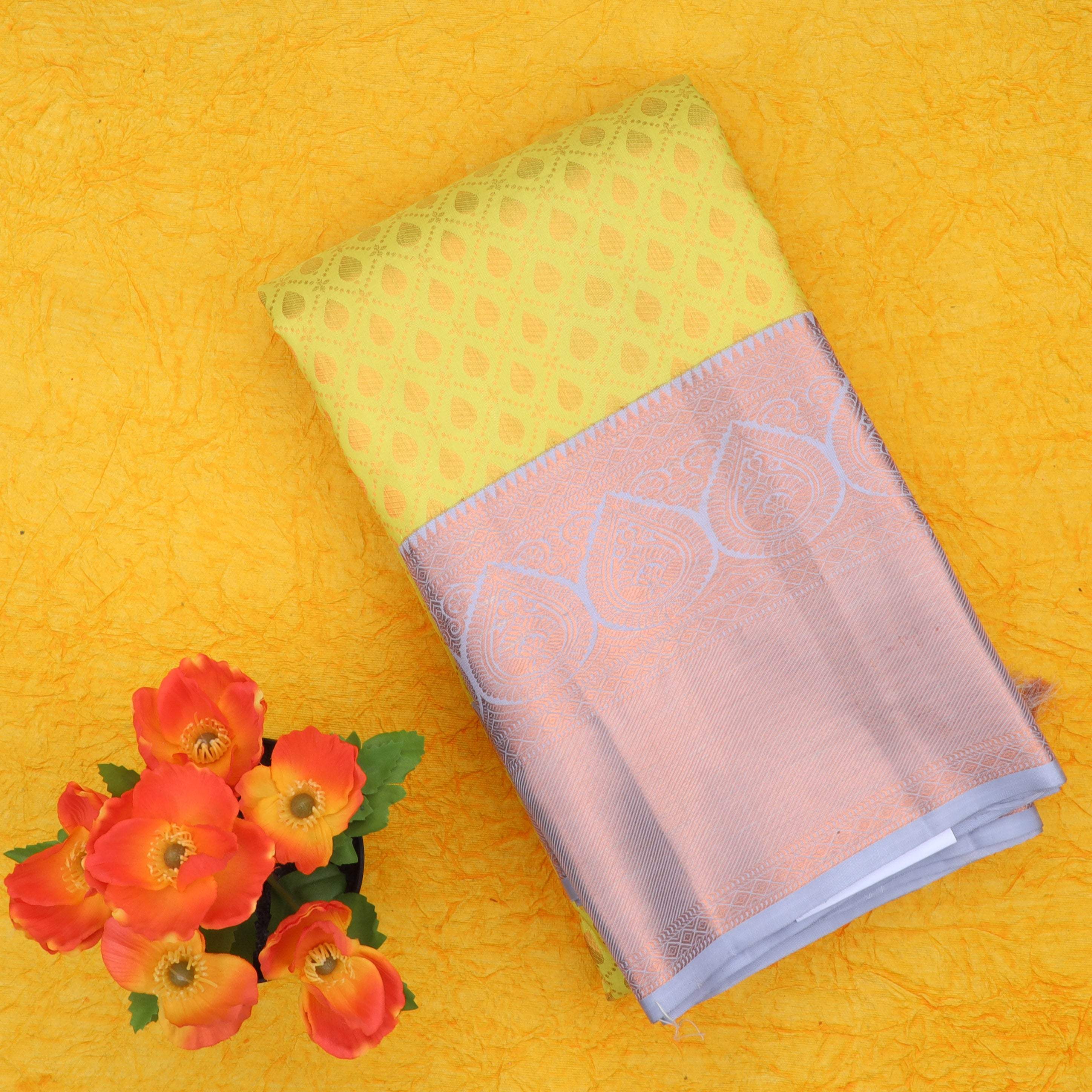 Sunshine Yellow Kanjivaram Silk Saree With Copper Zari - Singhania's