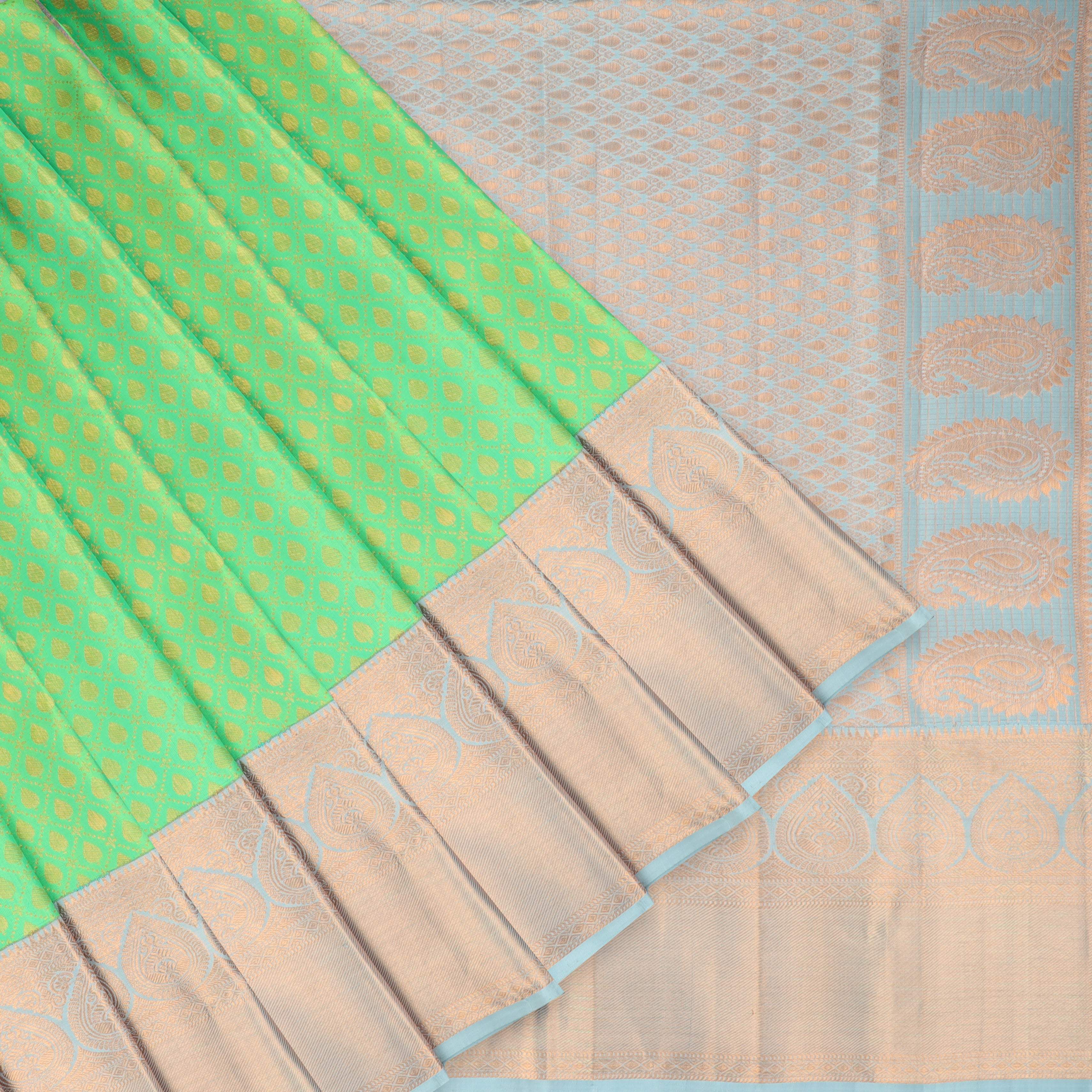 Bright Spring Green Kanjivaram Silk Saree With Copper Zari - Singhania's