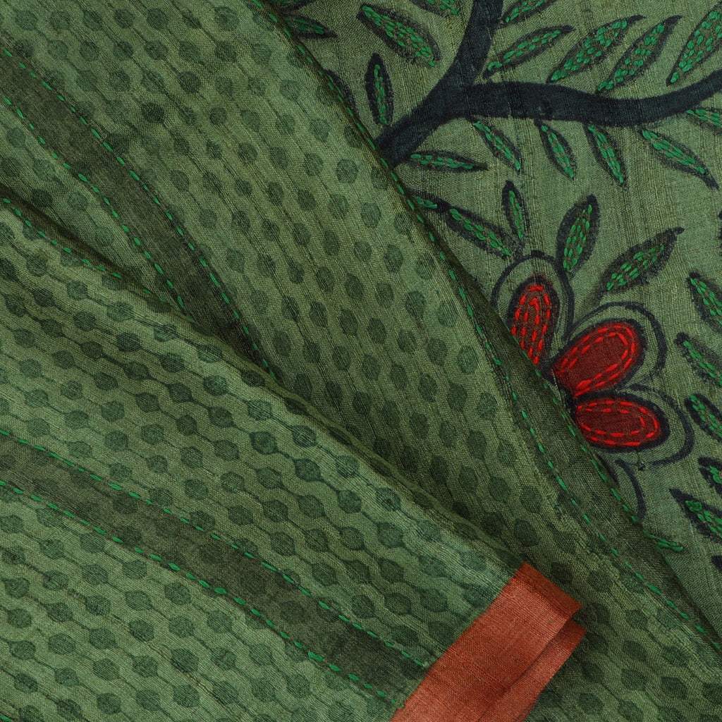 Green Printed Tussar Silk Saree - Singhania's