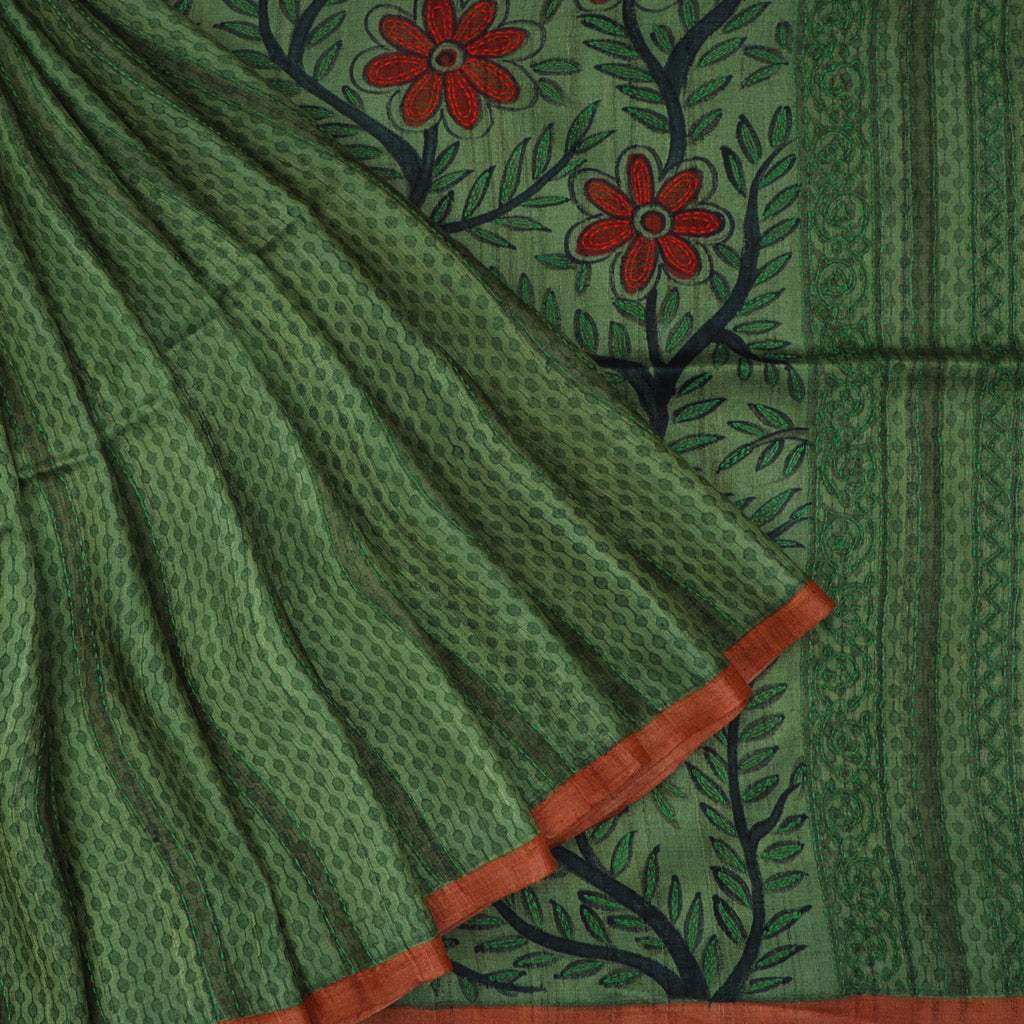 Green Printed Tussar Silk Saree - Singhania's