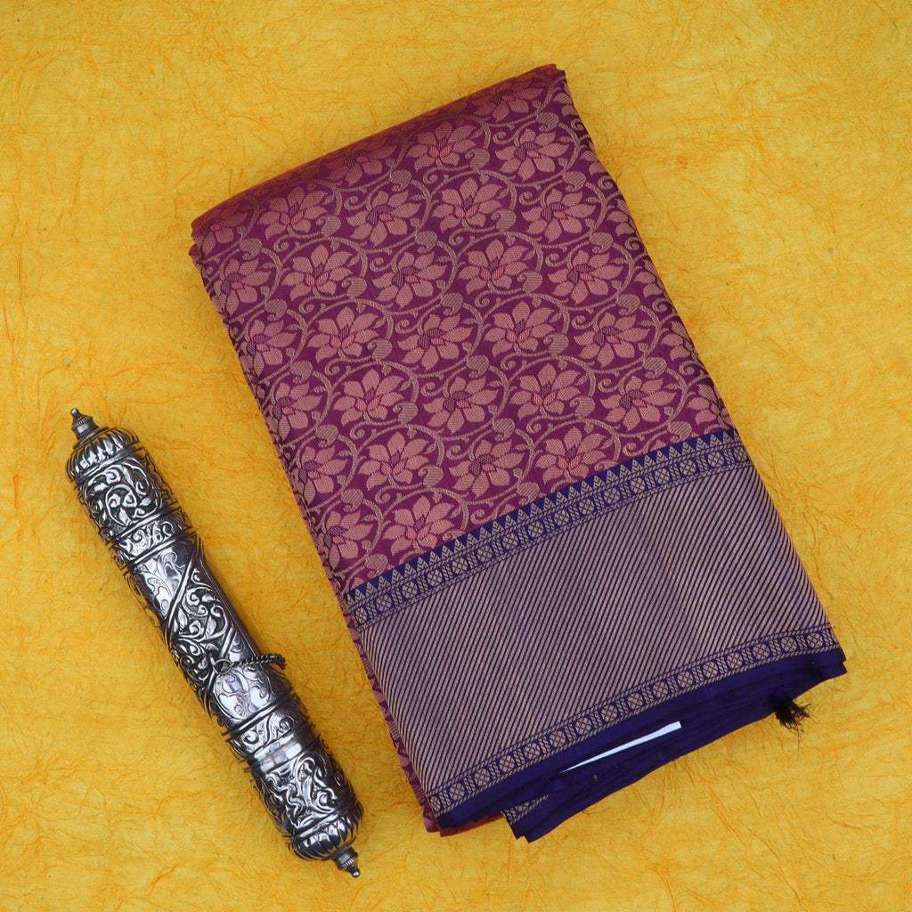 Tyrian Purple Kanjivaram Silk Saree With Floral Pattern - Singhania's