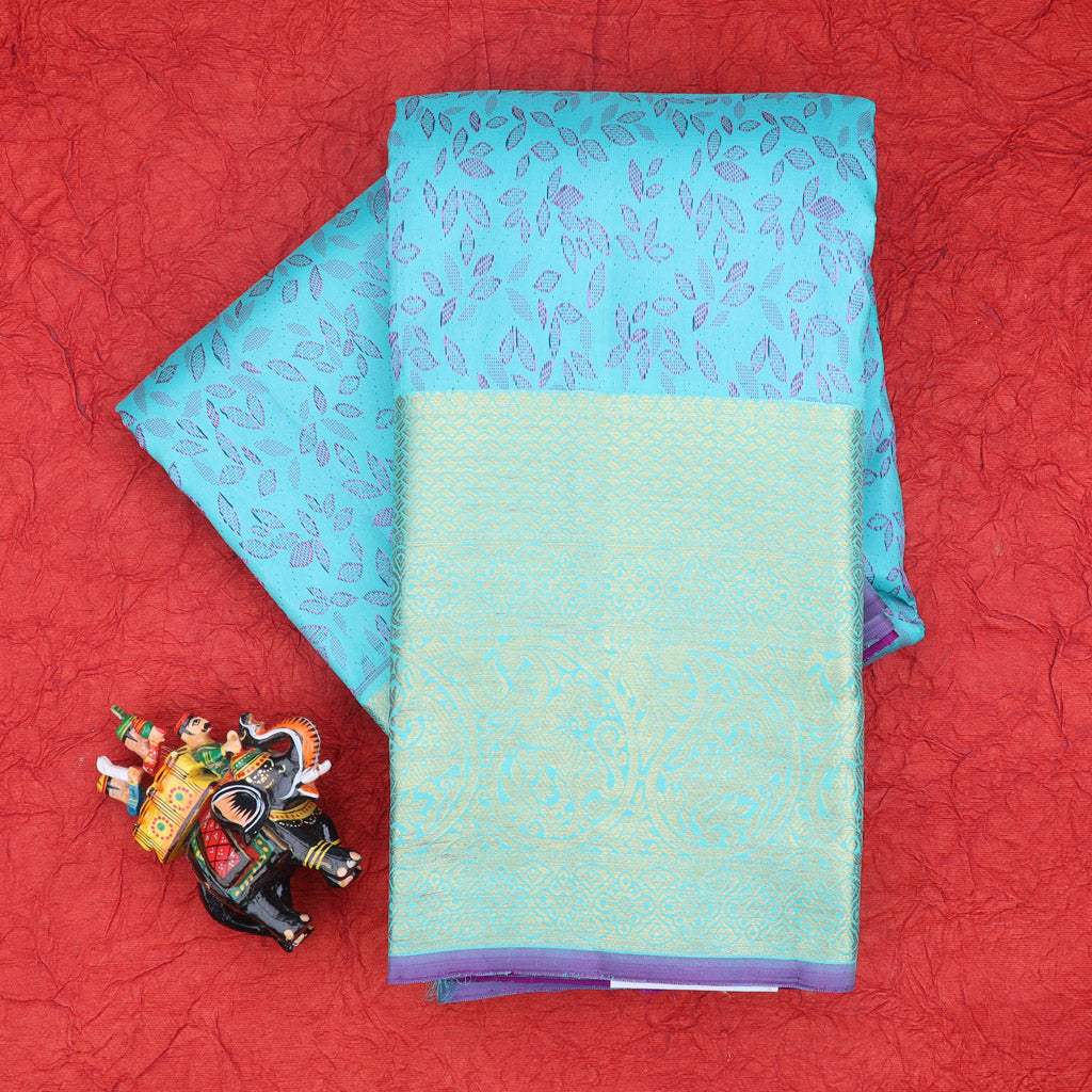 Sky Blue Kanjivaram Silk Saree With Leaf Motif Pattern - Singhania's