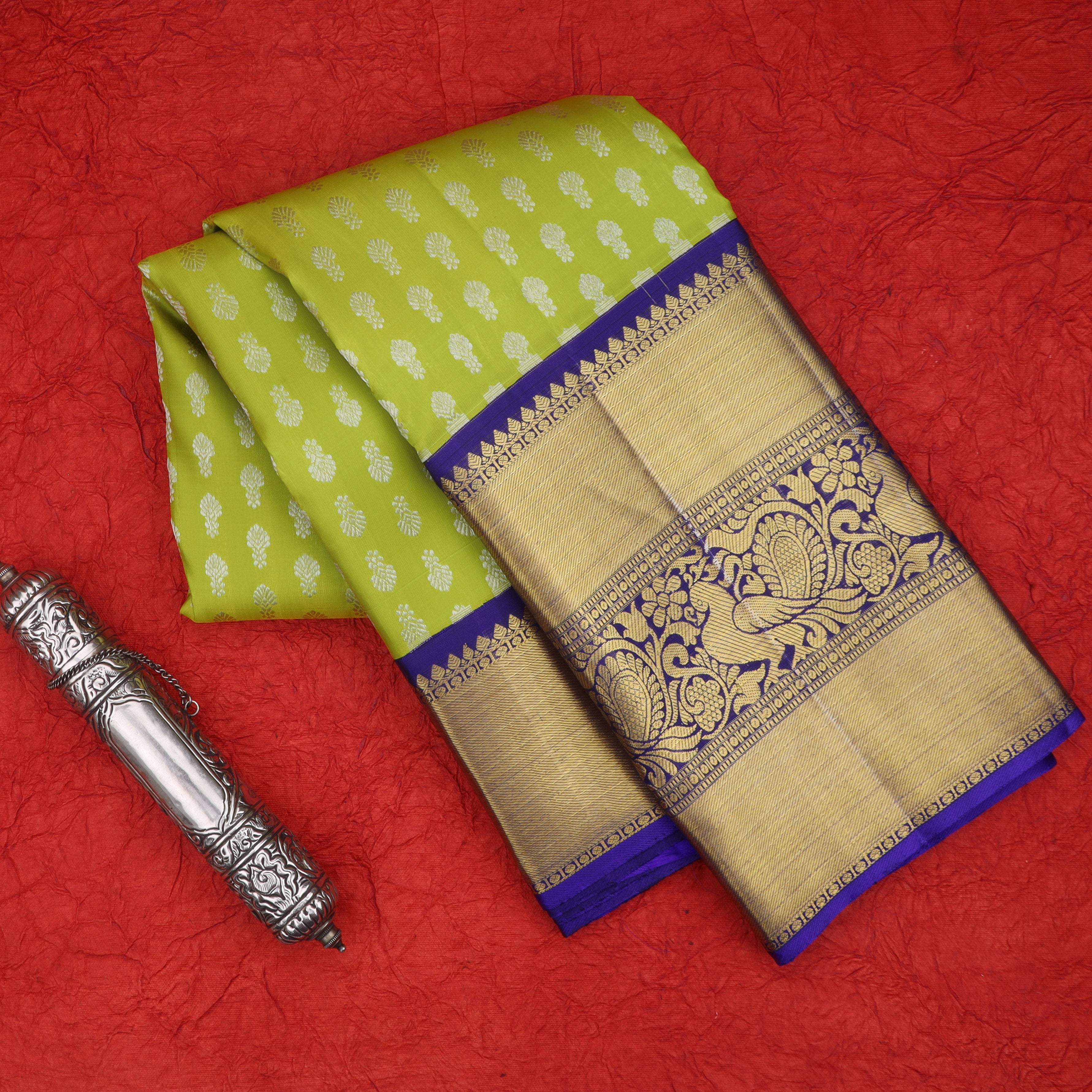 Lime Green Kanjivaram Silk Saree With Floral Buttis - Singhania's