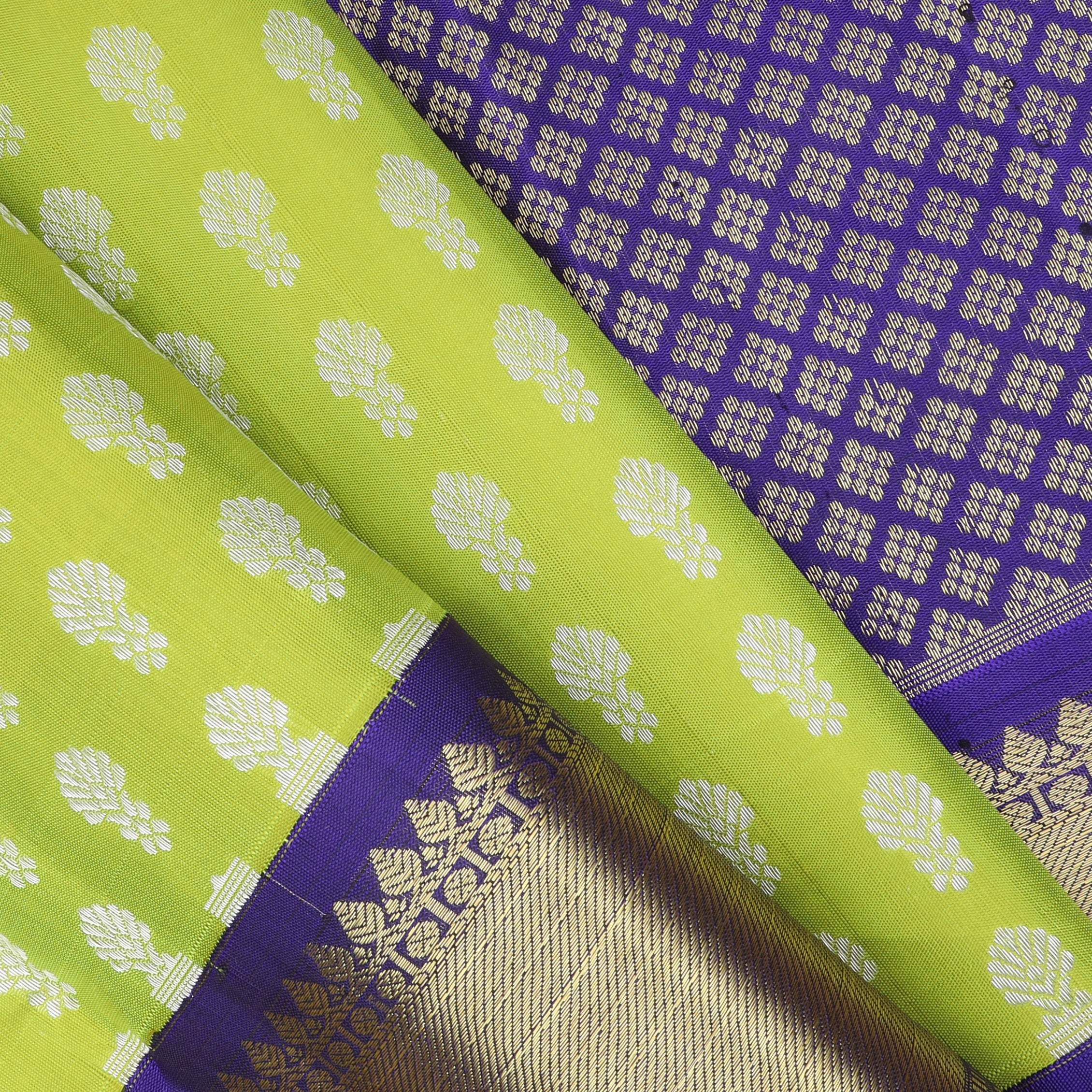 Lime Green Kanjivaram Silk Saree With Floral Buttis - Singhania's