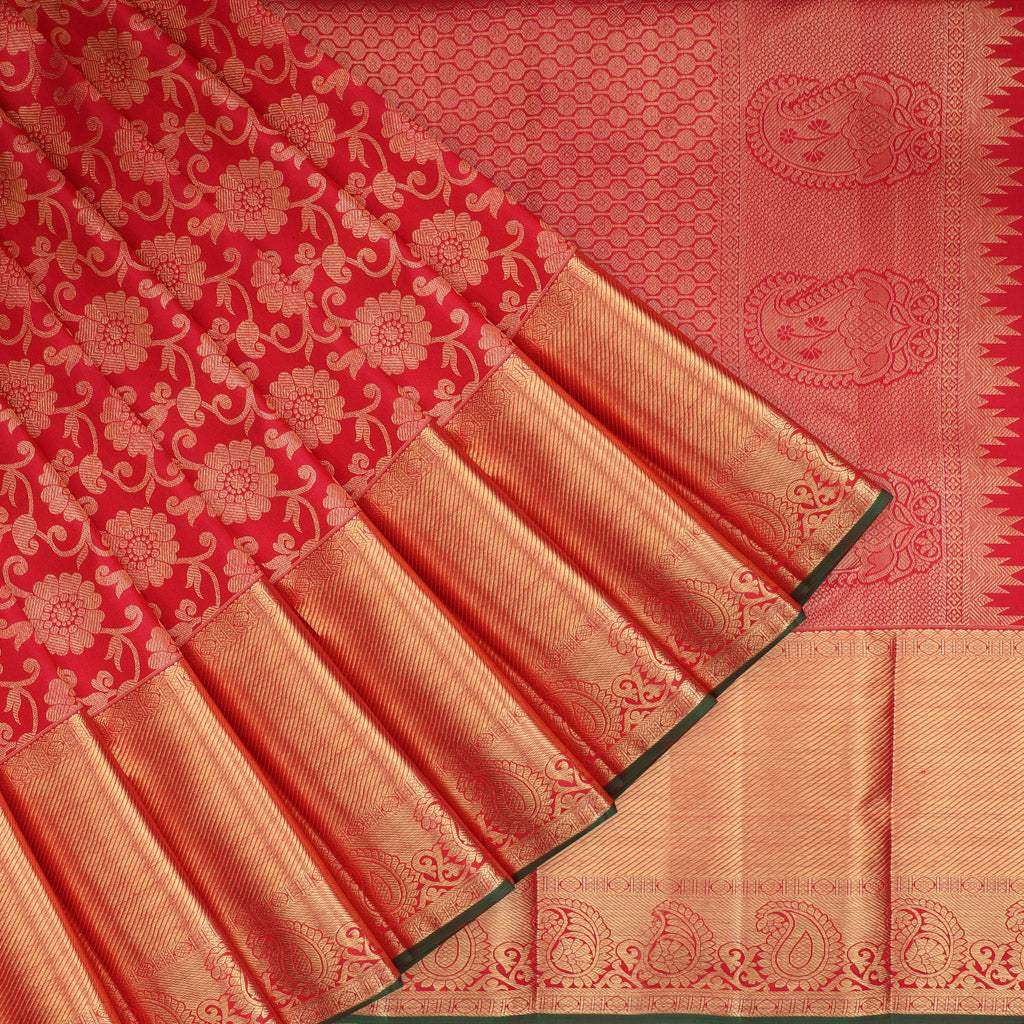 Vibrant Red Kanjivaram Silk Saree With Floral Pattern - Singhania's