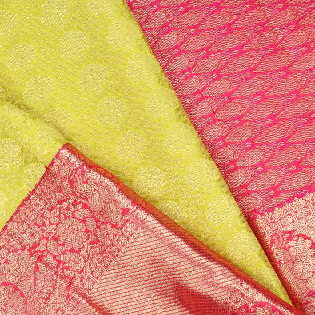 Lime Yellow Kanjivaram Silk Saree With Floral Buttis - Singhania's