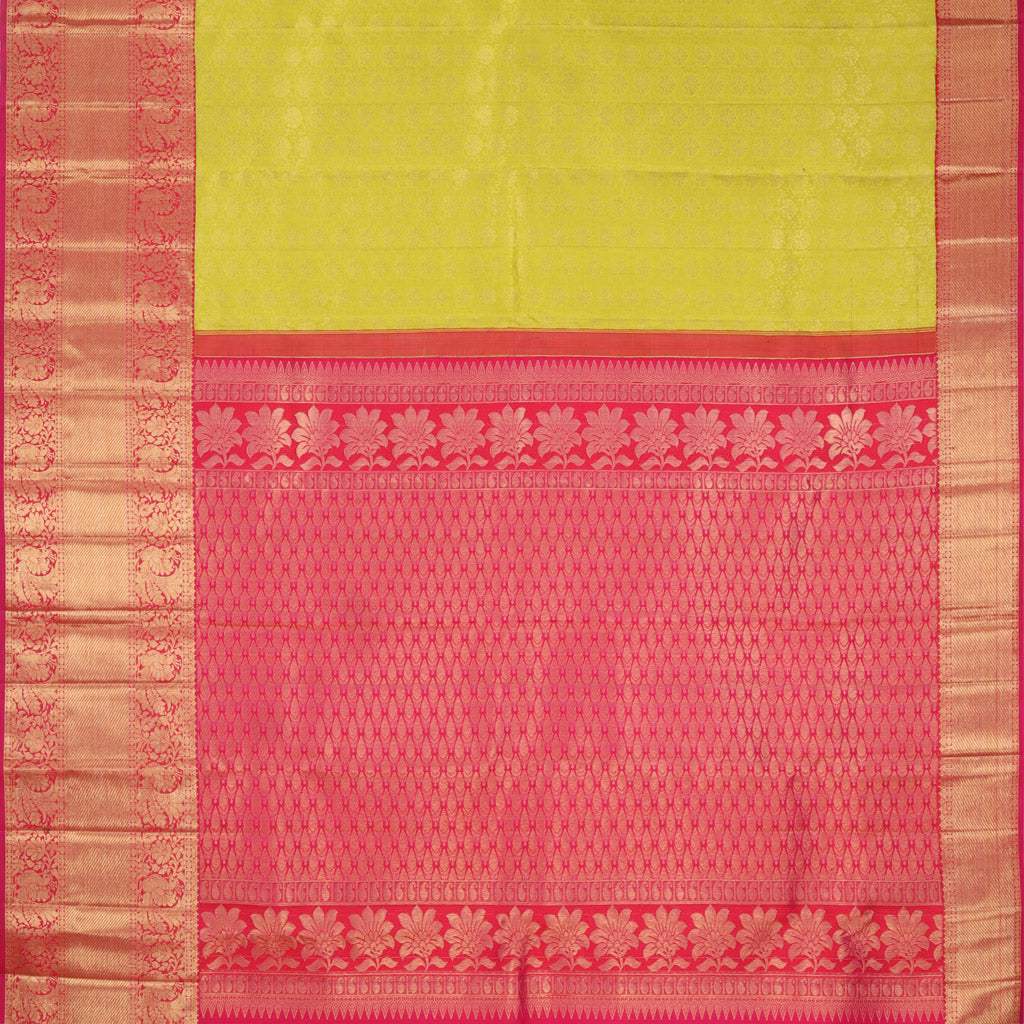 Lime Yellow Kanjivaram Silk Saree With Floral Buttis - Singhania's