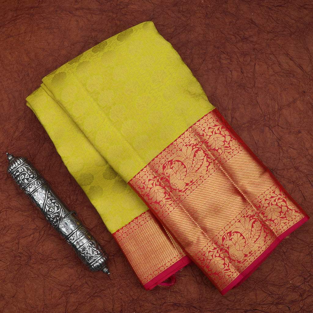 Lime Yellow Kanjivaram Silk Saree With Floral Buttis - Singhania's