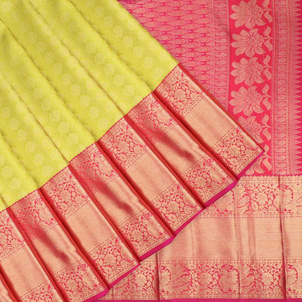 Lime Yellow Kanjivaram Silk Saree With Floral Buttis - Singhania's