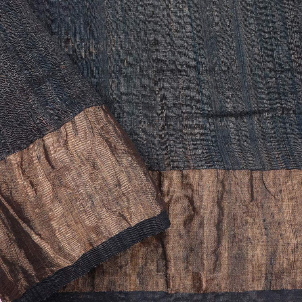 Greyish Blue Handblock Printed Matka Tussar Saree - Singhania's