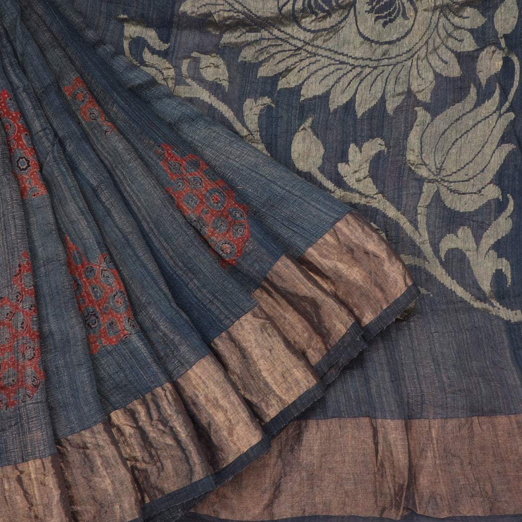 Greyish Blue Handblock Printed Matka Tussar Saree - Singhania's