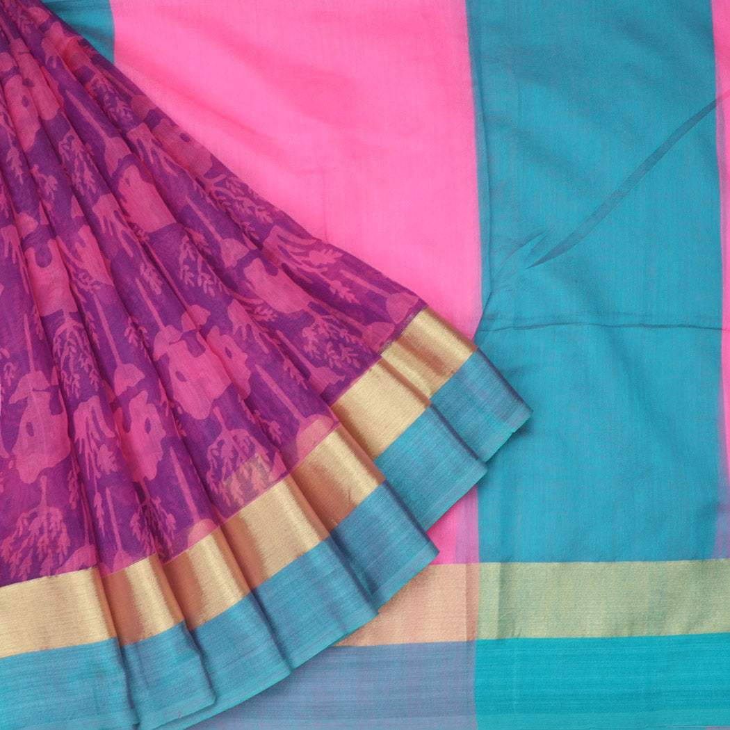 Pink Cotton Saree With Printed Pattern - Singhania's