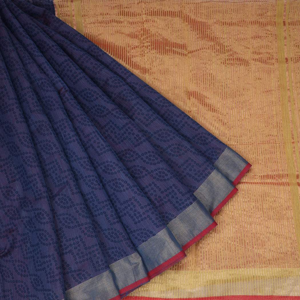 Navy Blue Bandhani Printed Cotton Saree - Singhania's