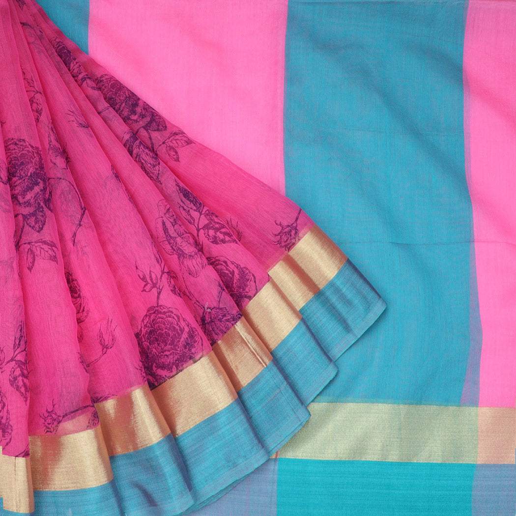 Hot Pink Floral Cotton Printed Saree - Singhania's