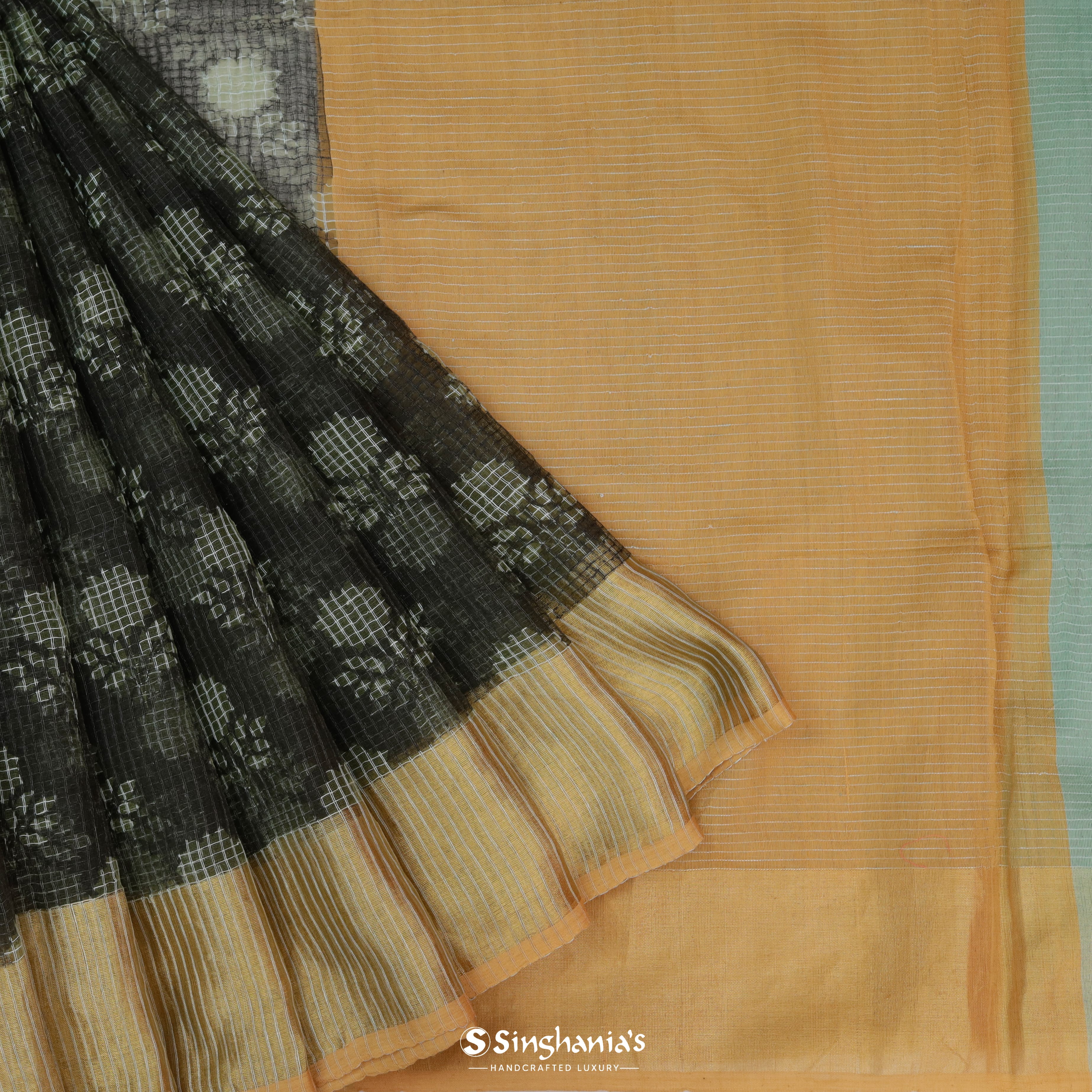 Pitch Black Organza Printed Saree With Floral Pattern