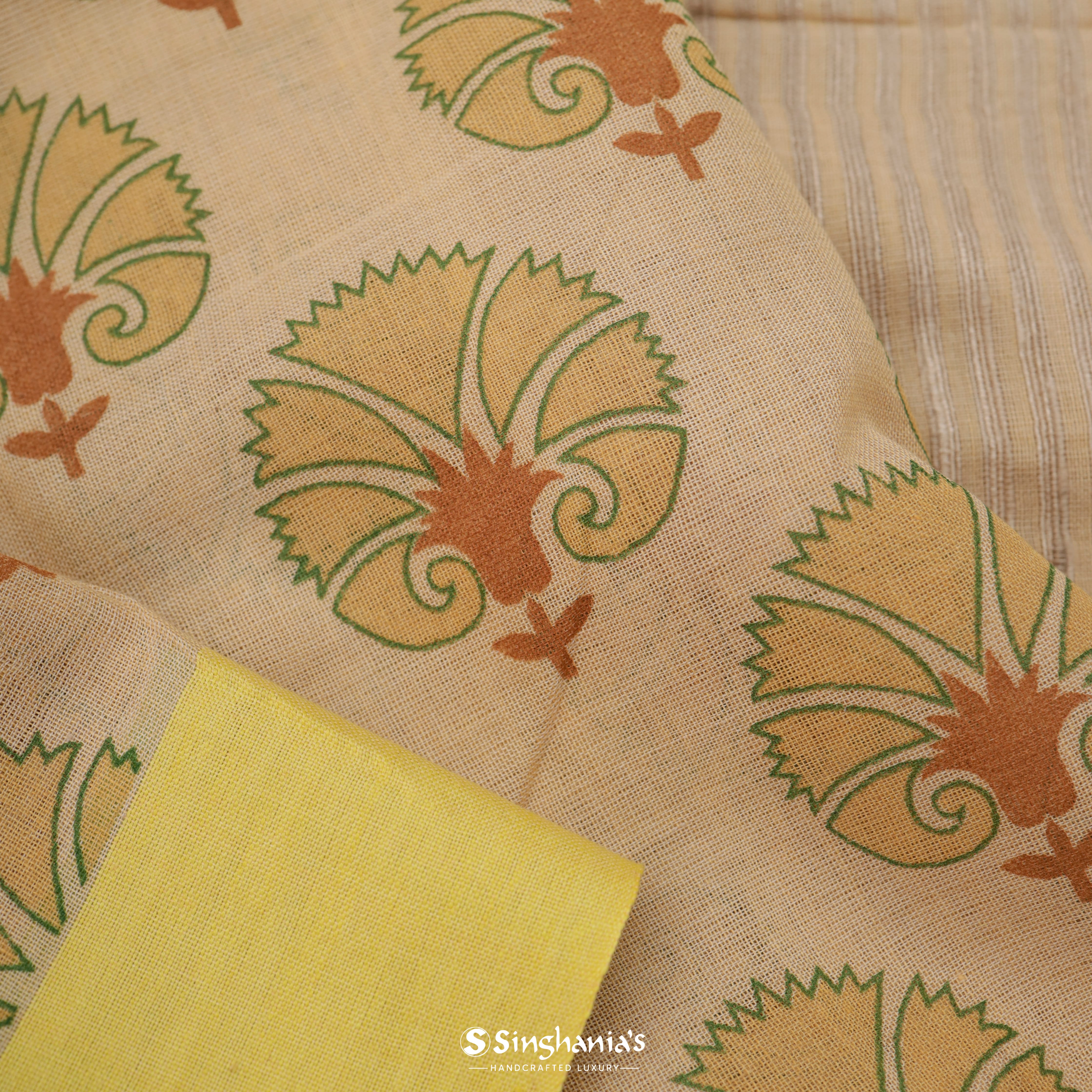 Soft Beige Cotton Printed Saree With Floral Buttas