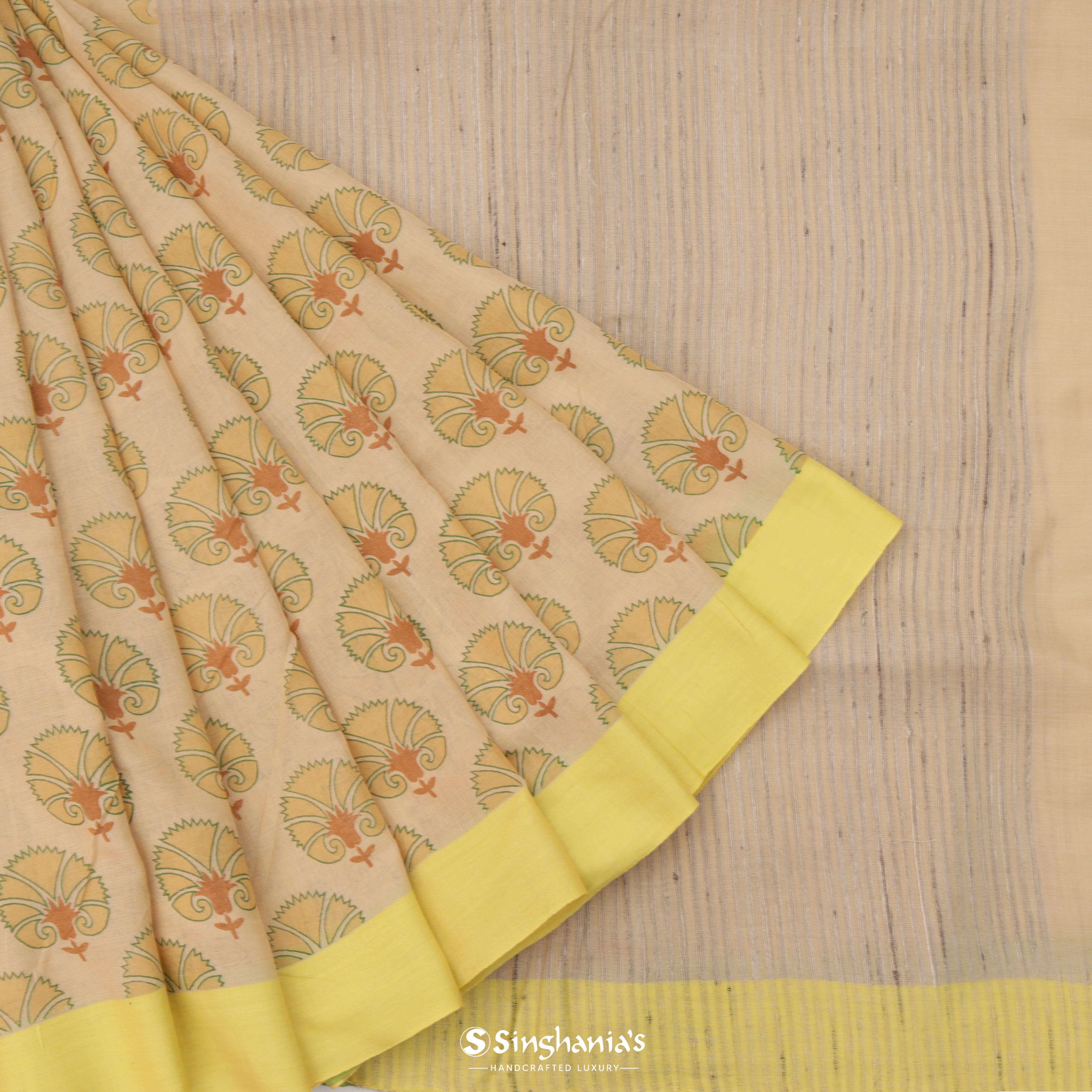 Soft Beige Cotton Printed Saree With Floral Buttas