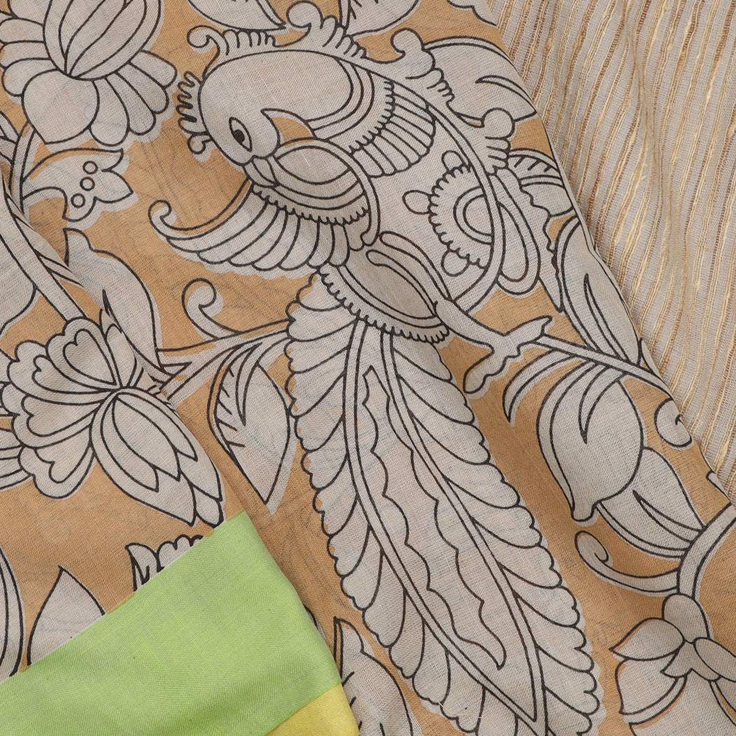 Light Brown Cotton Saree With Kalamkari Printed Motif Pattern - Singhania's